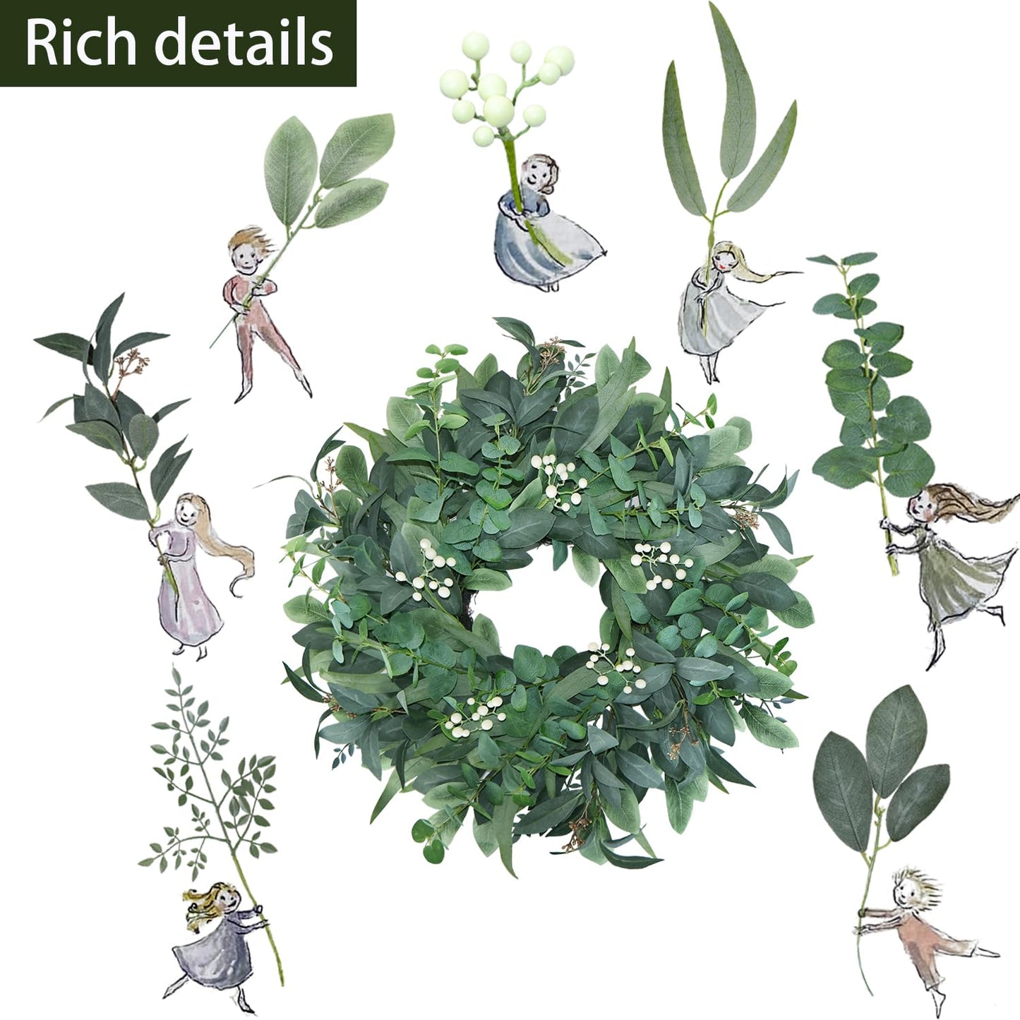 BINFEN 24"-26“ Green Eucalyptus Wreaths for Front Door with White Berries – Lifelike Spring, Summer, and Winter Wreath for Farmhouse Front Porch, Window, Door Decor
