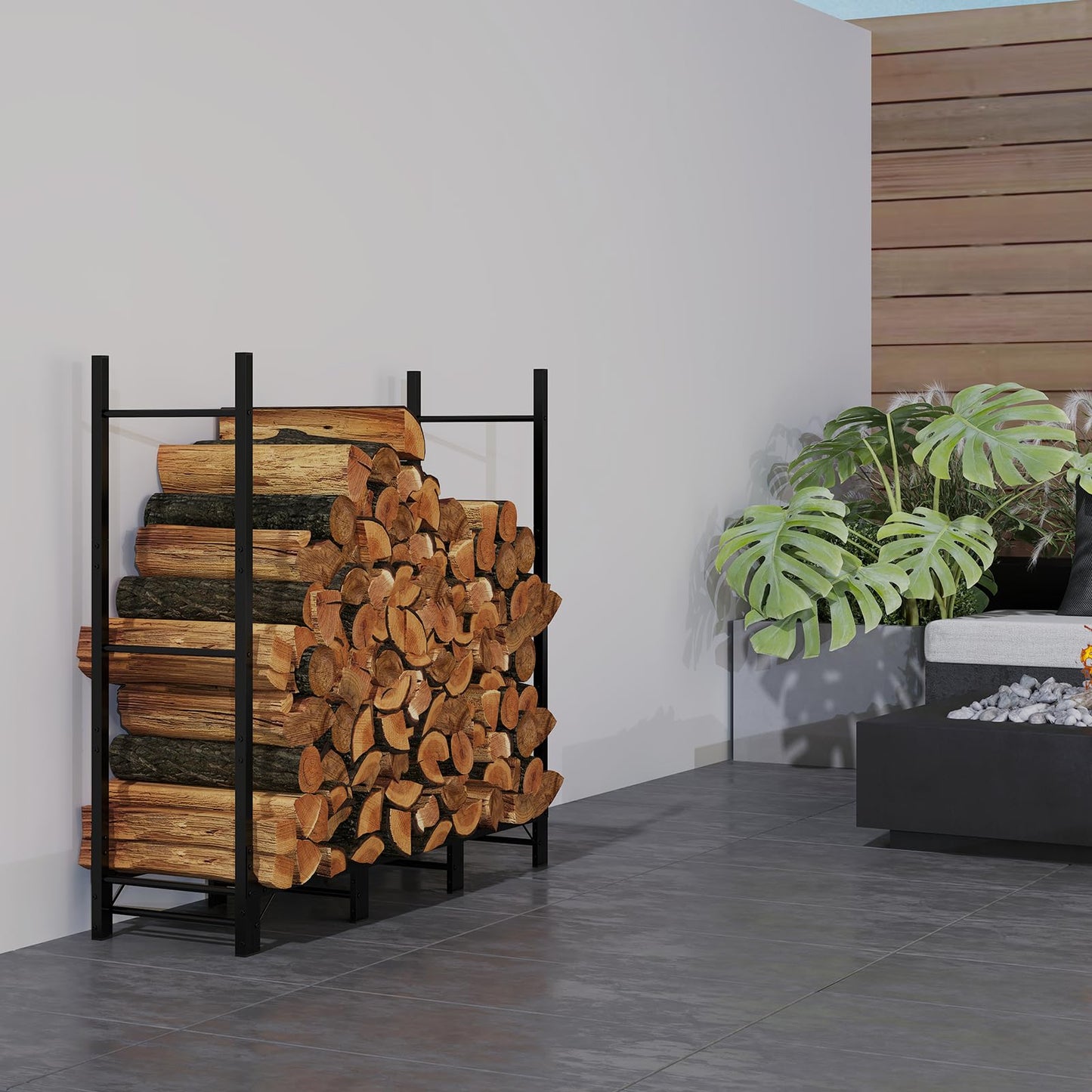 C-Hopetree 4Ft Outdoor Indoor Firewood Rack, Adjustable Metal Log Holder for Fireplace, Heavy Duty Wood Pile Storage Organizer Stacker Stand, Black