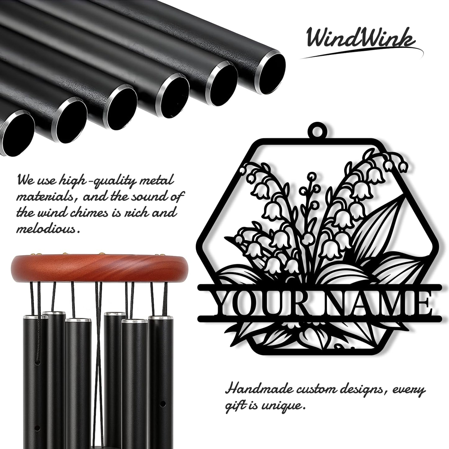 WindWink Personalized Customize Name Lily of The Valley Wind Chime, Metal Iron 37 Inch Outdoor Memorial Gift for Garden Yard Patio Home Florist Decor, Black,Mom Gift (Style G)