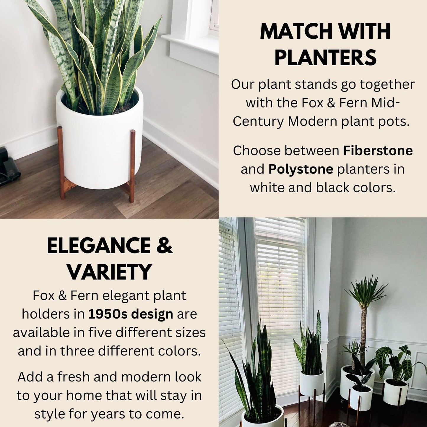 Fox & Fern Mid Century Plant Stand — 14.9 Inch Fixed Size Wooden Plant Stand for Indoor Planters (Not Included) - Extra Large Flower Pot Holder for Indoor Big Pots - Plug In Design - Acacia