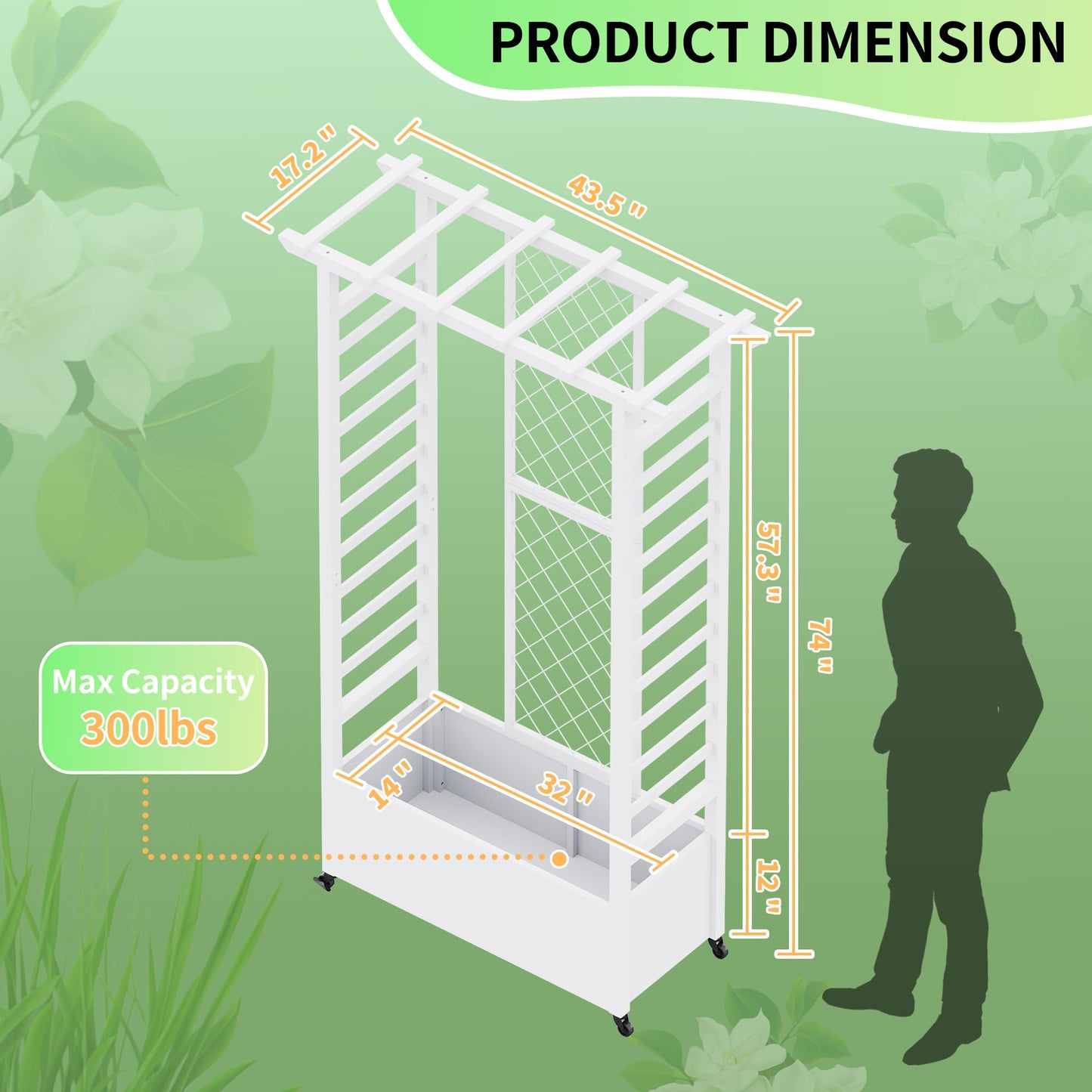 Sunnibety Raised Garden Bed with Trellis & Hanging Roof, Weatherproof Metal Planter Box with Wheels, Garden Arch Trellis for Outdoor Climbing Plants Vines Flowers, 74" H x 44" L x 17" W, White