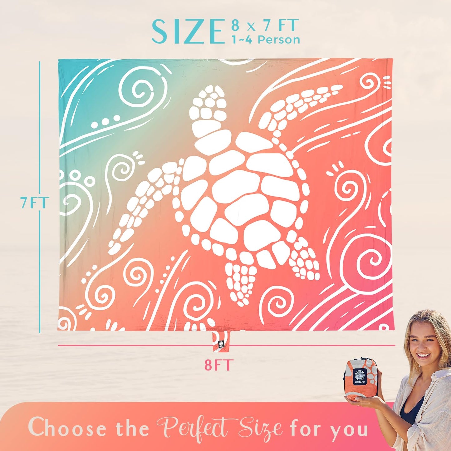 WEKAPO Beach Blanket Waterproof Sandproof Oversized Extra Large Sand Free Beach Mat with Stakes, Storage Bag - Essentials for Outdoor Beach, Picnic (Sea Turtle, 8 X 7 FT (1~4 Person))