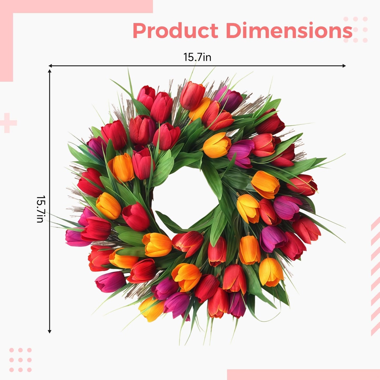 Vestamore Red, Yellow, Orange, Vibrant Petals with Faux Spring Wreath, 15.8 in/ 40 Cm for Front Door, Rattan Base Natural, Decoration Spring Multi-Purpose Home and Outdoor