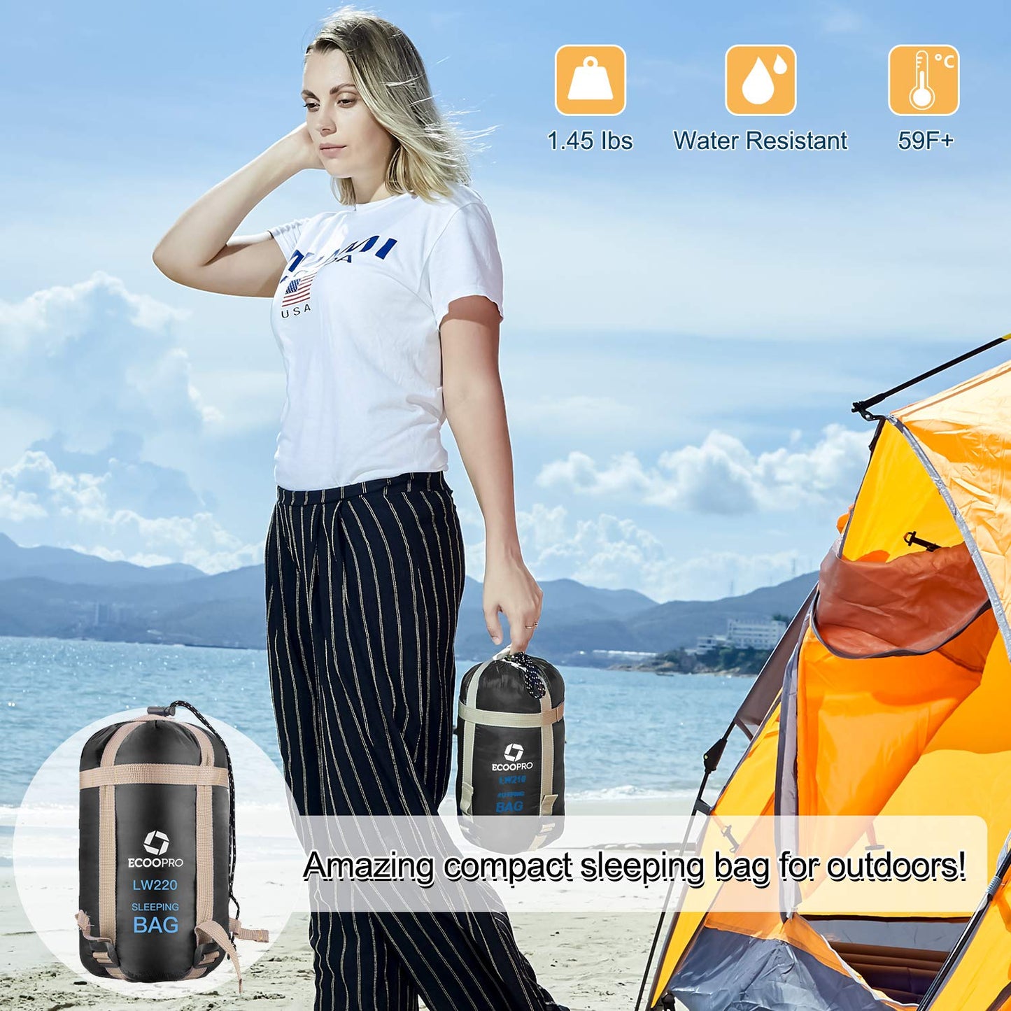 ECOOPRO Warm Weather Sleeping Bag - Portable, Waterproof, Compact Lightweight, Comfort with Compression Sack - Great for Outdoor Camping, Backpacking & Hiking-83 L x 30" W Fits Adults (B-Black)