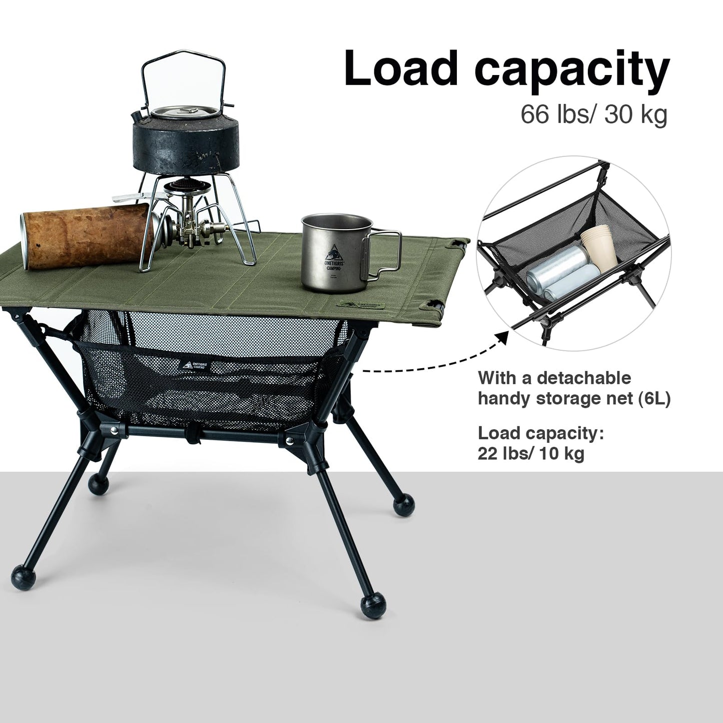 ONETIGRIS Dipper Camping Table, Lightweight Portable Folding Table with Mesh Storage Net, High/Low Options, Ideal for Camping, Hiking, Tailgating, Beach, Picnic, Travel, Backyard