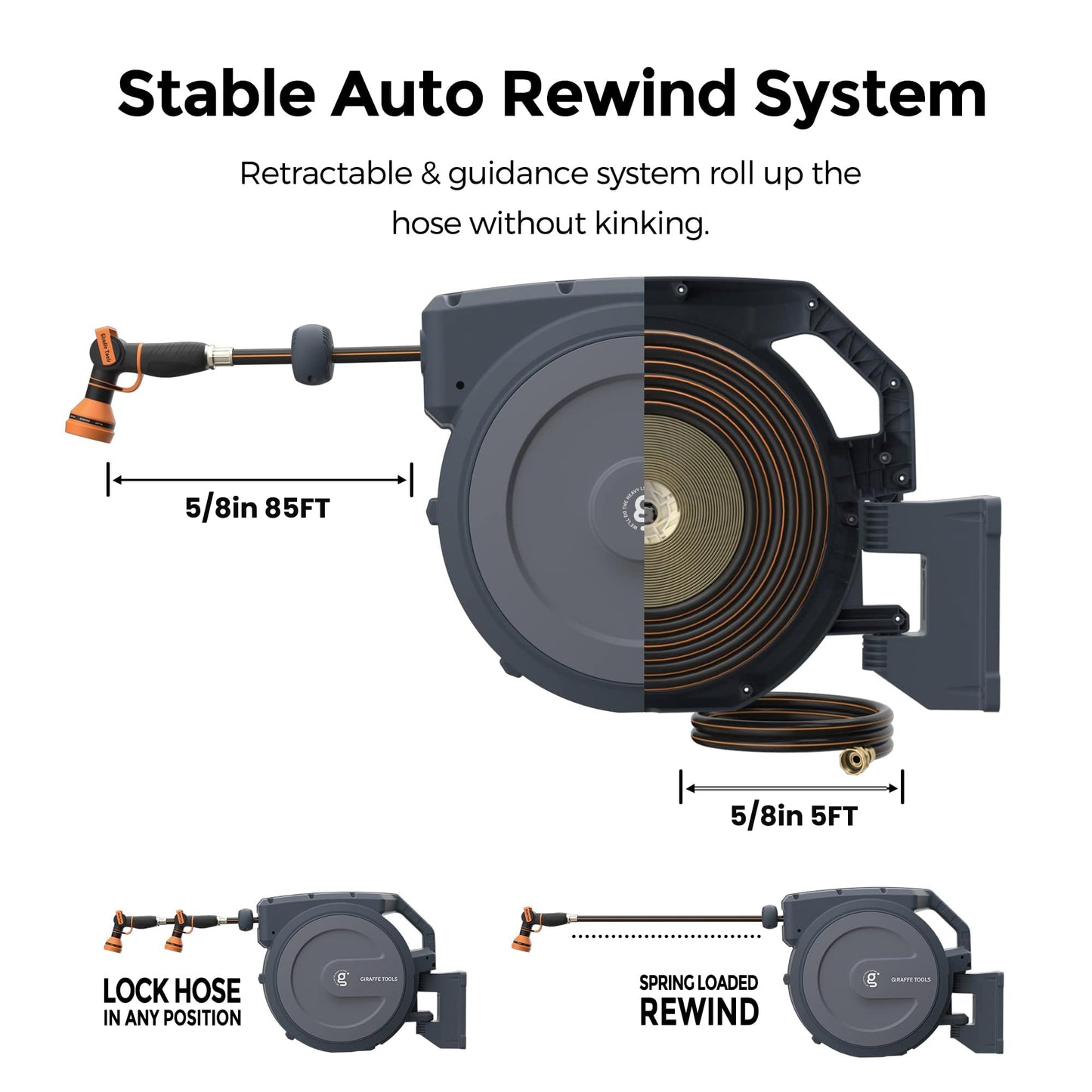 Giraffe Tools Retractable Garden Hose Reel, 5/8" x 90 ft Pro Wall Mounted Hose Reels with 180° Metal Bracket, Any Length Lock Hose Reel with 9- Function Sprayer Nozzle