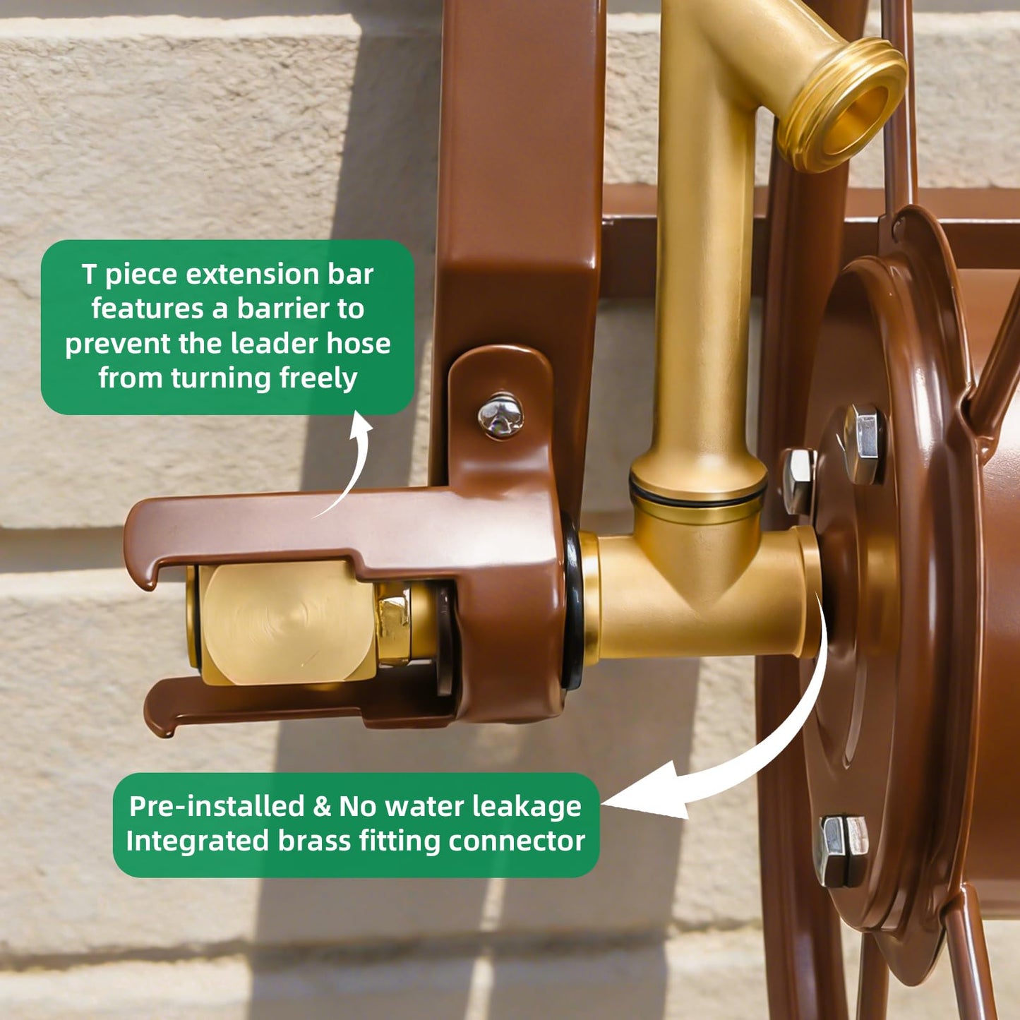 WERMAH Upgrade Wall Mounted Garden Hose Reel, Holds 135 ft of 5/8-inch Hose, Outdoor Water Hose Holder Winder, Space-Saving Design with Brass Fitting for Yard Lawn (Holds 135ft)