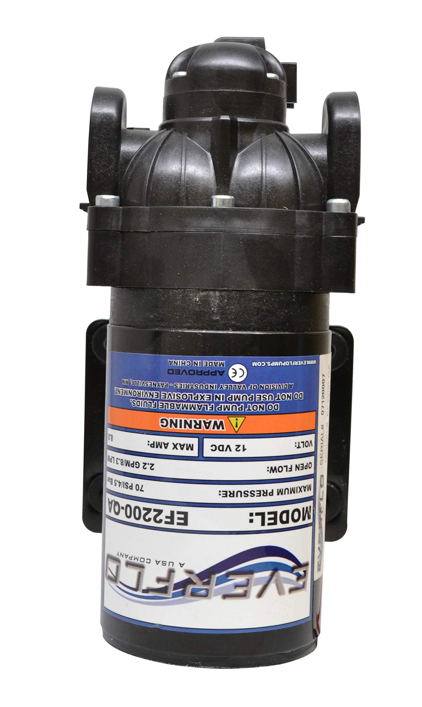 Everflo EF2200-QA-BOX 2.2GPM 12V Diaphragm Pump-Quick Attach Port, Black