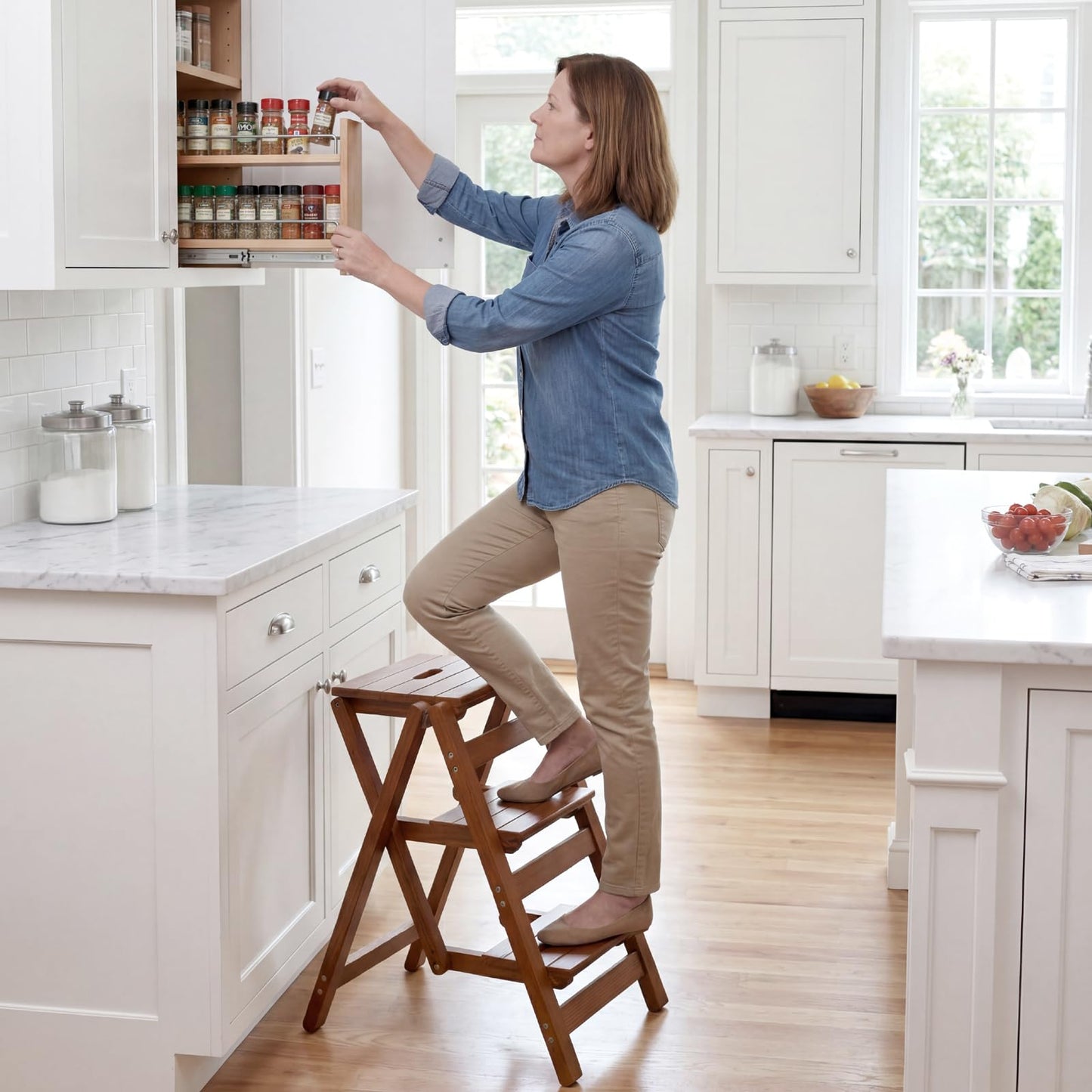Step Stool for Adults/Step Ladder/Counter Chair, 3-Step Folding Portable Wooden Step Stool, Anti-Slip & Lightweight (Nut - Brown)