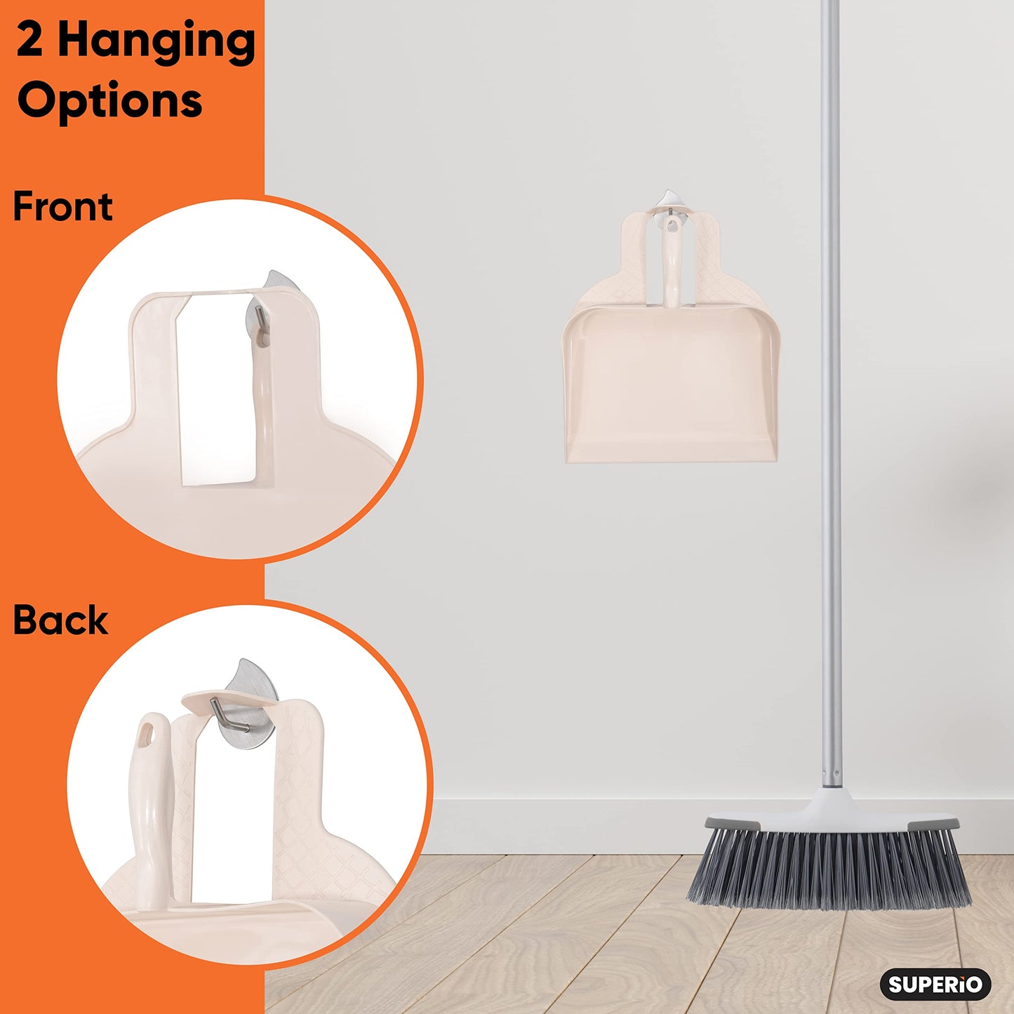 Superio Heavy Duty Plastic Step-on Dustpan with Comfort Grip Handle White, Durable, Lightweight Multi Surface Dust Pan Easy Broom Sweeping, 10-inch Wide, 1-Pack