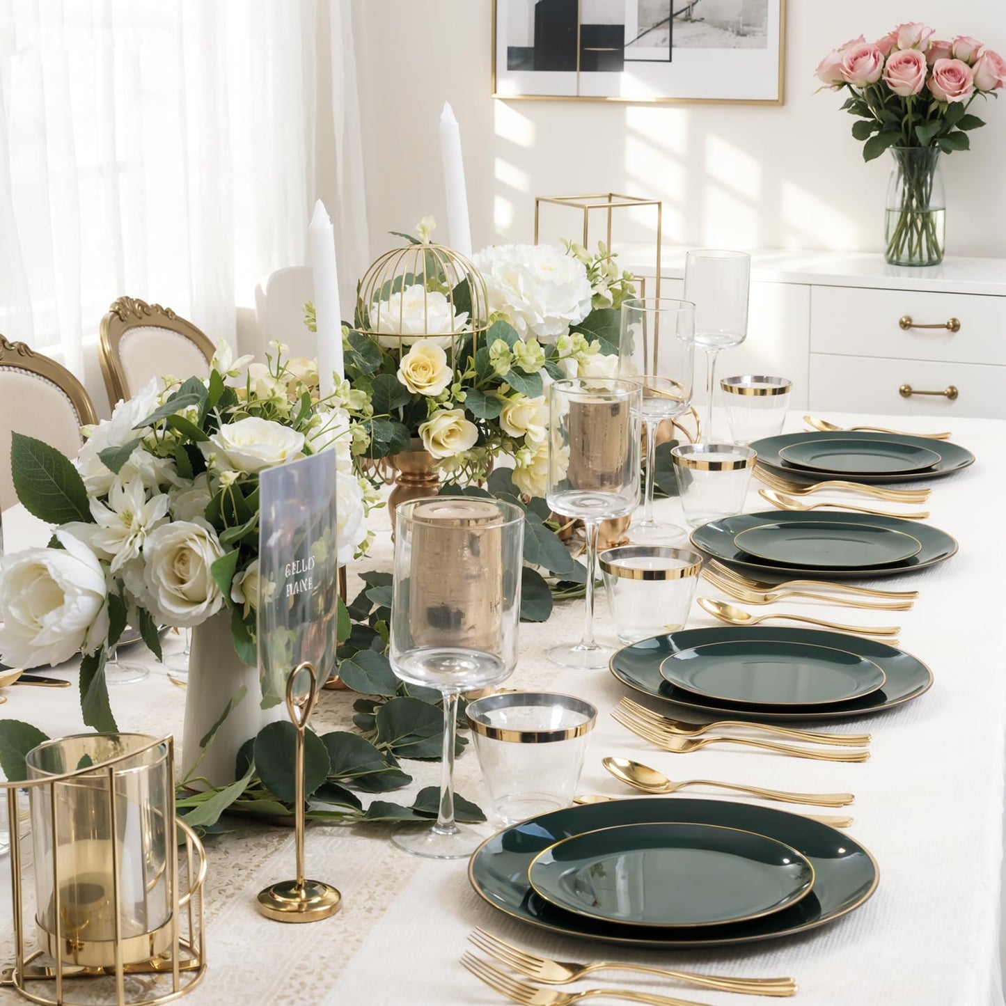 WDF 300Pcs Green Plates Disposable - Heavy Duty Green Plates - 50Guest Green Plastic Dinnerware Include 50 Dinner Plate, 50 Dessert Plate, 150 Cutlery & 50 9oz Cups for Parties/Wedding/Party