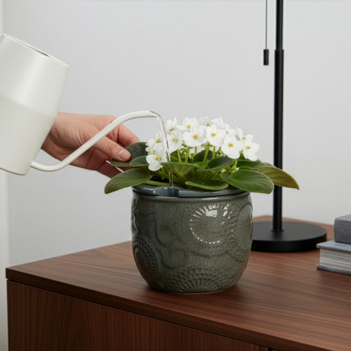 HERDUK 6.5” Ceramic Self Watering African Violet Planter with Embossed Floral Design – Durable Indoor Plant Pot for Orchids, Succulents, and Houseplants
