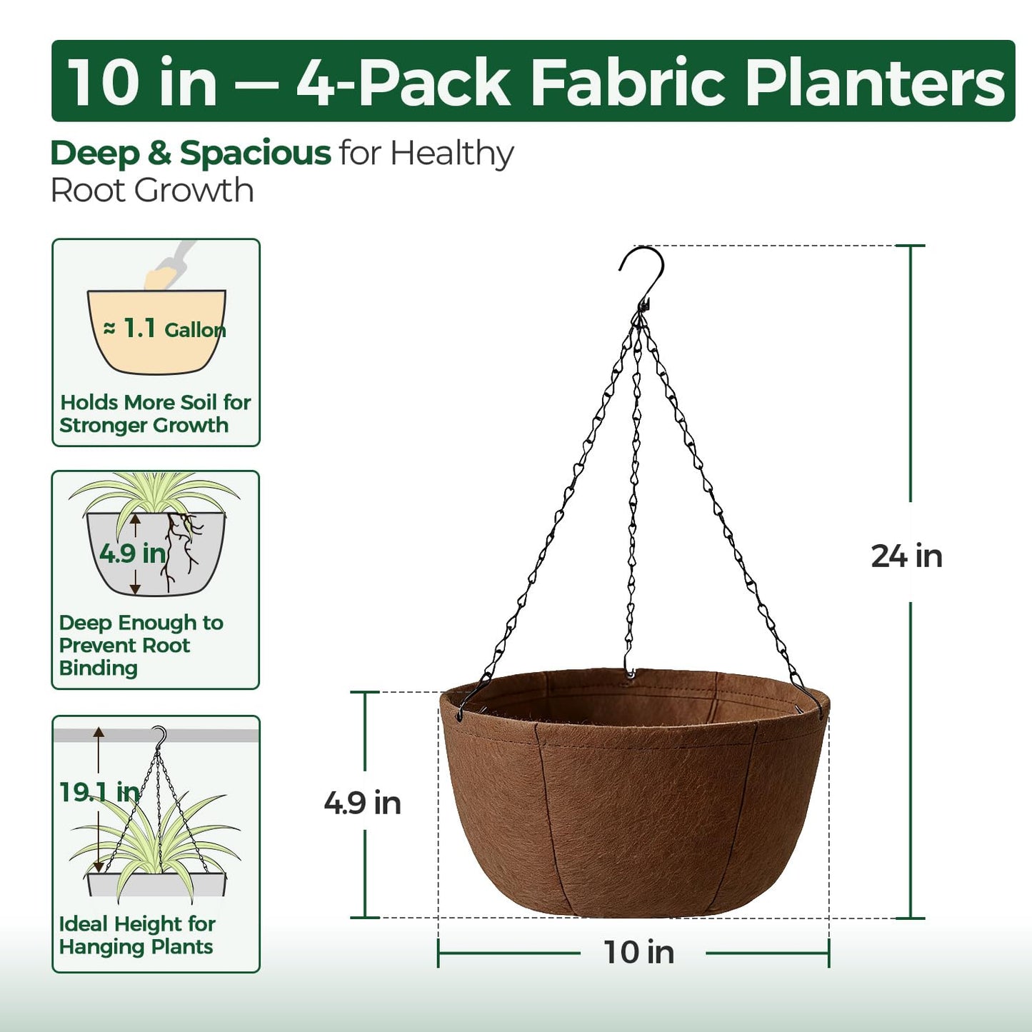 T4U Hanging Planters for Outdoor Plants, 10 Inch 4 Pack Fabric Hanging Baskets with Drainage Tray, Decorative Hanging Pots for Plants Outdoor Patio Porch Garden Use（Brown）