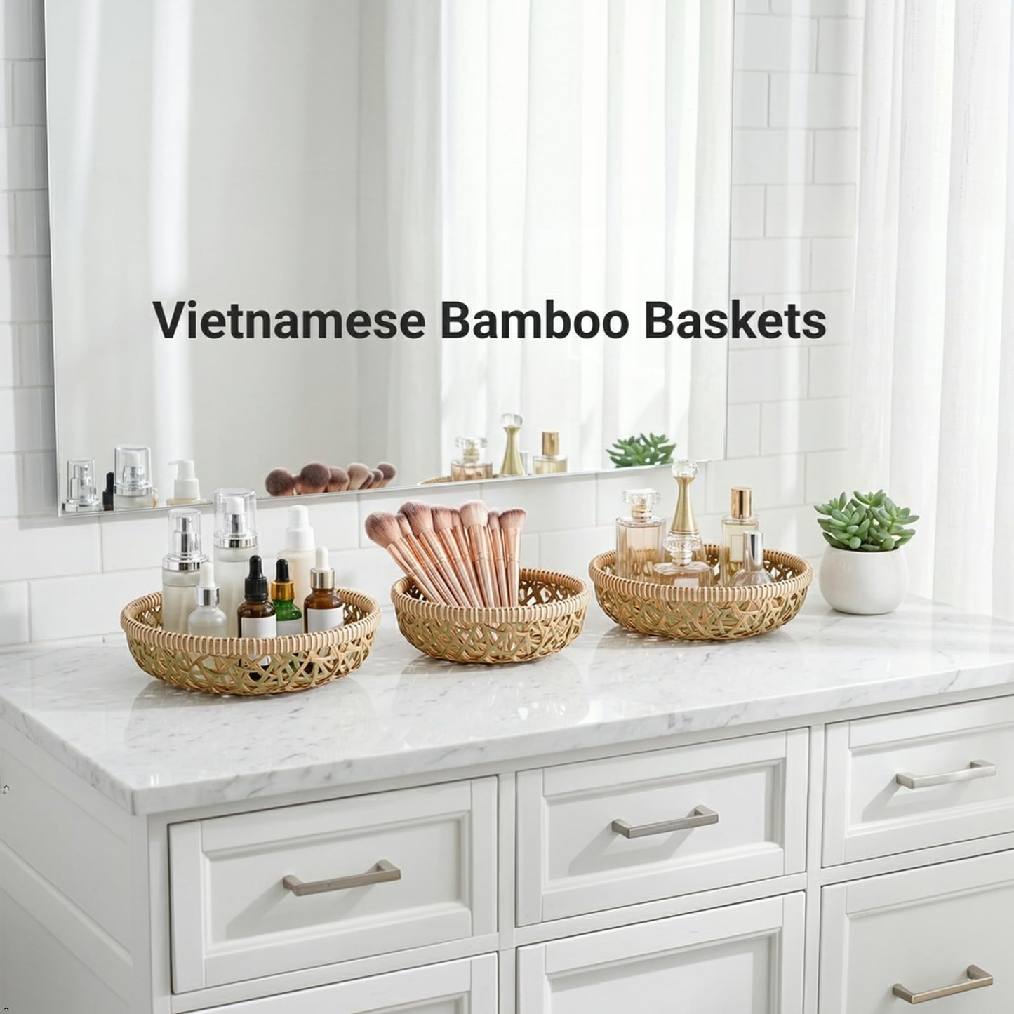 DaviGreen Handwoven Bamboo Basket Set of 3, Decorative Wall Basket, Boho Woven Basket Decor, Round Serving Basket for Bread & Fruit, Artisan Bamboo Storage + Tongs & Brush