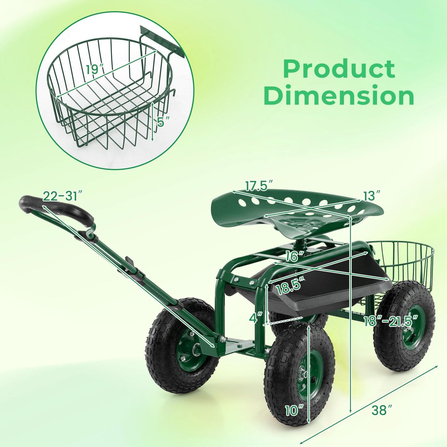 DORTALA Heavy Duty Garden Cart Work Seat w/360 Swivel Seat and Storage Basket, 4-Wheel Rolling Planting Cart w/Tool Tray Extendable Steering Handle Height Adjustable Seat for Gardening, Green