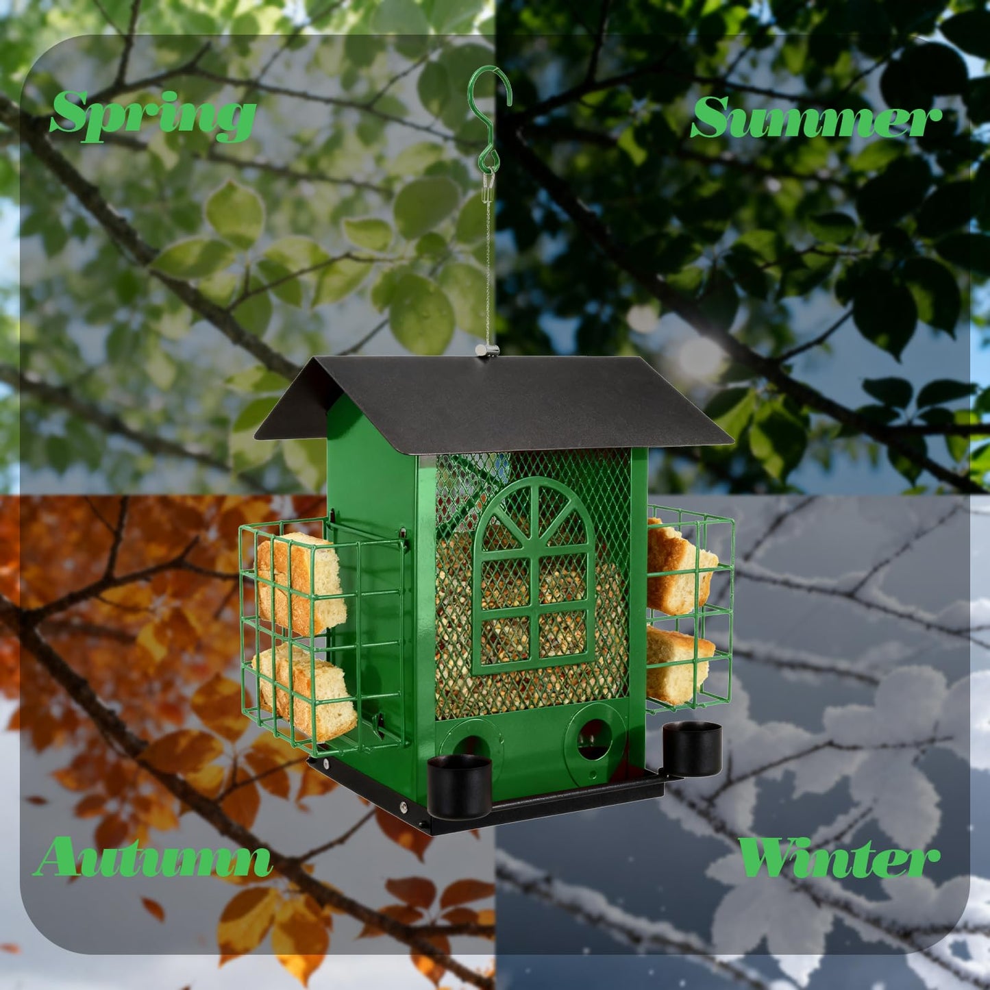 QZLOHOM Outdoor Metal Hanging Bird Feeder Large Capacity Premium Wild Bird Feeder (Includes Bread Tray) Metal Mesh Design Multi-Compartment Food Storage Green (Green)