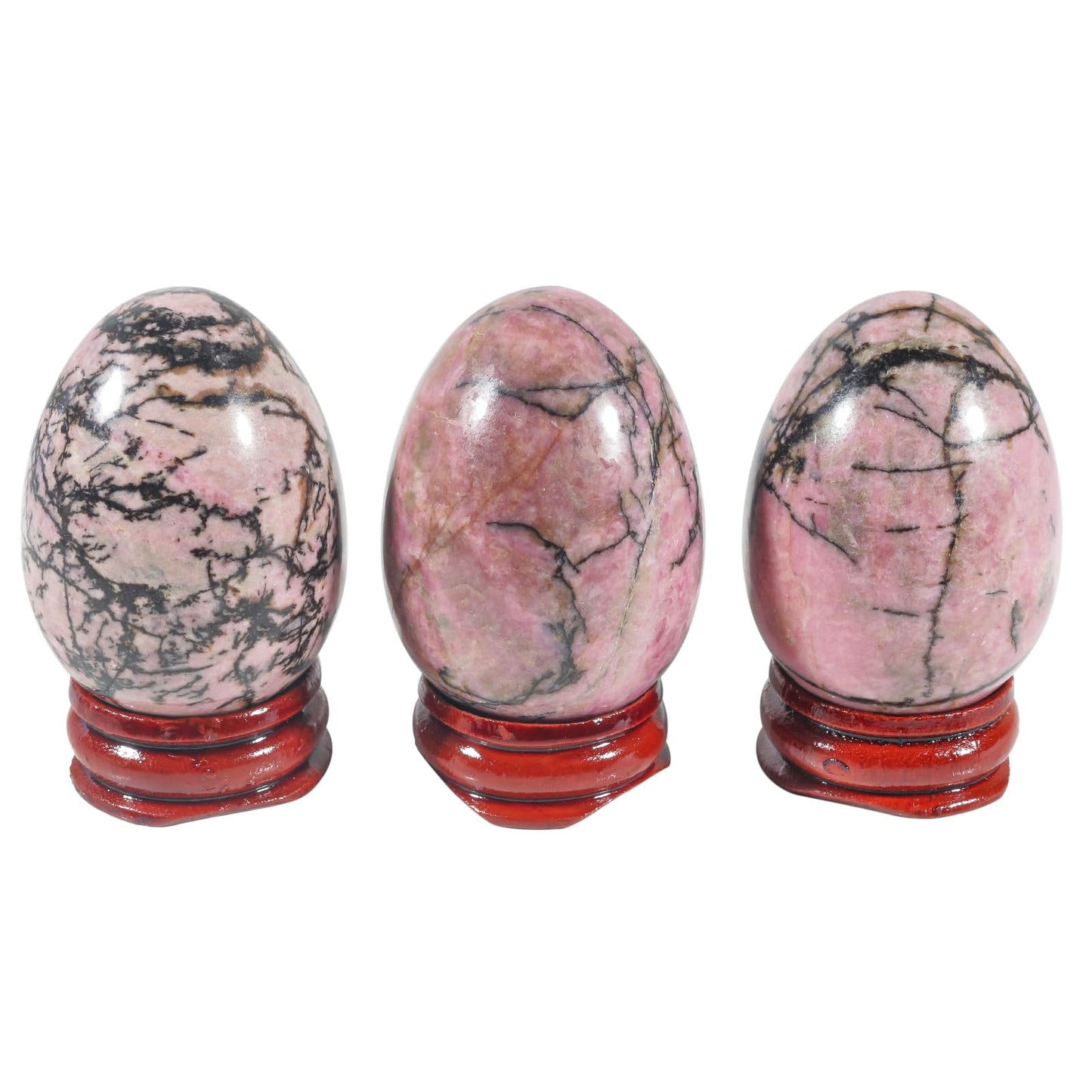 Casaper 2" Natural Rhodonite Egg with Wood Stand for Home Decoration, Polished Crystal Pocket Palm Sphere Fengshui Figurines Healing Reiki