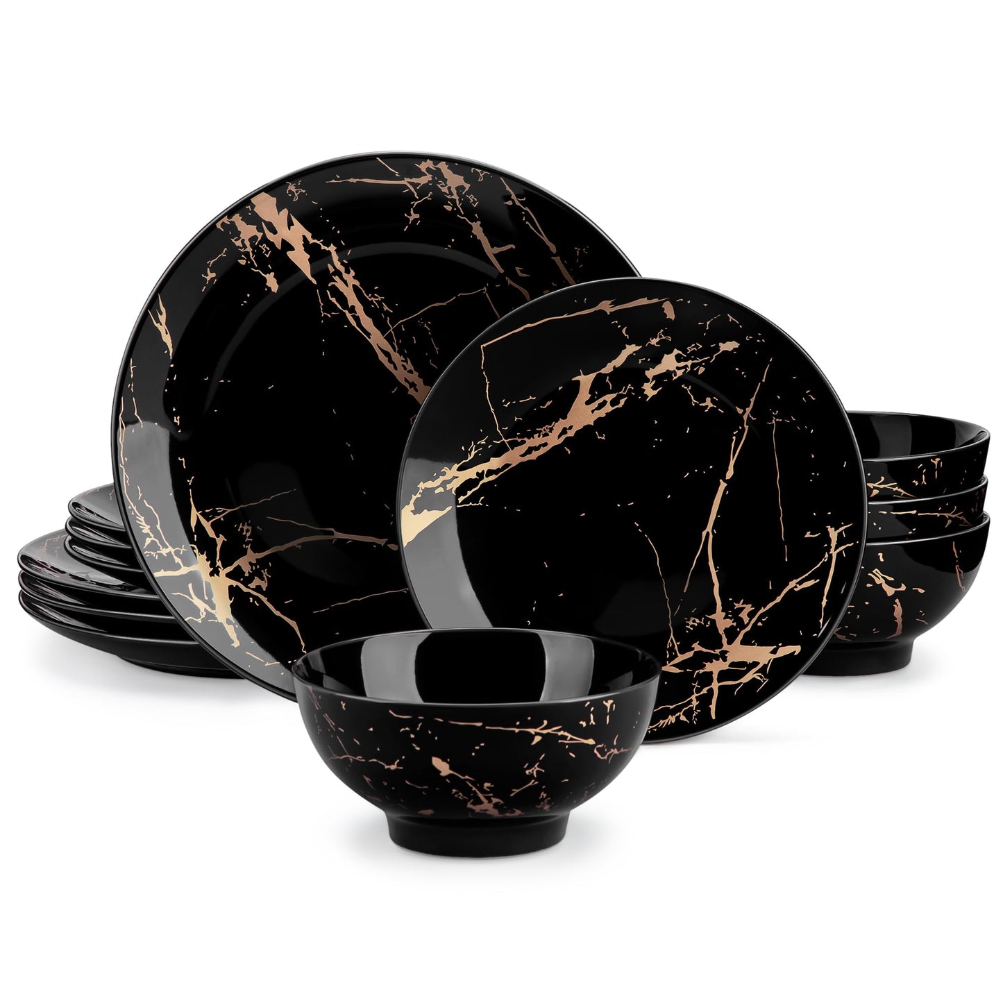 LOVECASA Plates and Bowls Sets for 4, 12 Pieces Porcelain Dinnerware Sets, Black and Gold Dish Set Gold Splash Dishware Sets, Dishwasher Microwave Safe