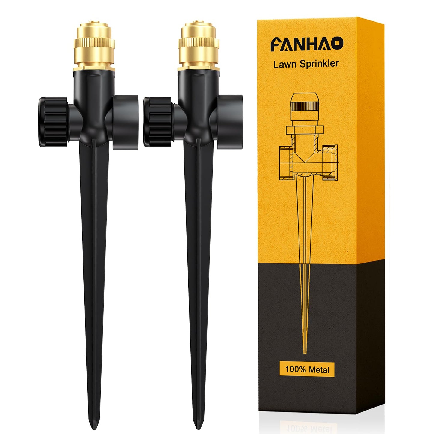 FANHAO Metal Lawn Sprinkler for Yard, 2 Pack Automatic Garden Water Sprinkler on Spike Base, Adjustable Brass Sprinkler Nozzle 360 Degree Large Area Coverage for Lawn Grass Patio Garden Irrigation