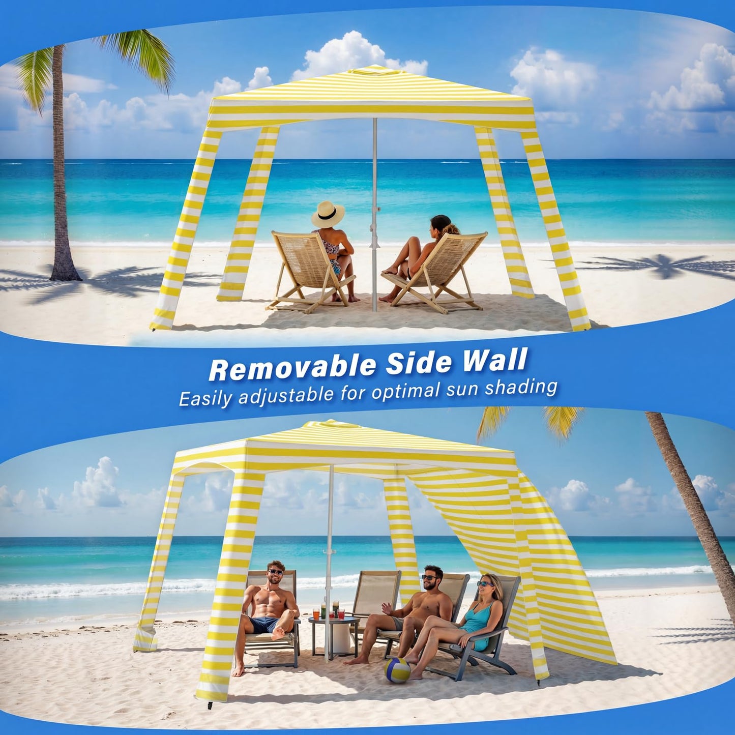Beach Cabana-6.6x6.6’Beach Canopy with Side Wall,Portable Umbrella Tent with Sand Pockets for Family & Friends,Easy Up Beach Sun Shelter for Outdoor Patios,Backyards,and Camping,Yellow Stripes