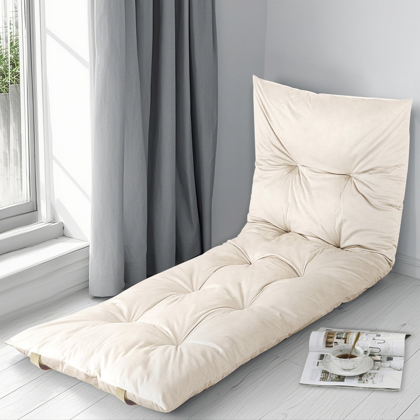 HOMBYS Floor Lounger Pillow Foldable and Tufted Design Long Floor Cushion for Yoga, Reading, Sleeping, Meditation, Elastic Band for Roll Up and Easy Storage, Machine Washable (Beige, 62"x27")