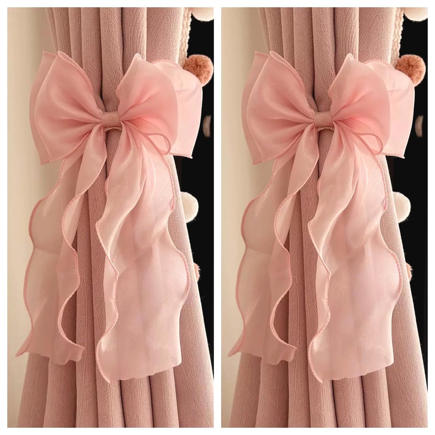 2 Pack French Silky Bow Curtain Tiebacks, Elegant Lace Ribbon for Curtains Decorative Rope Accessories Home Décor (Pink,2)
