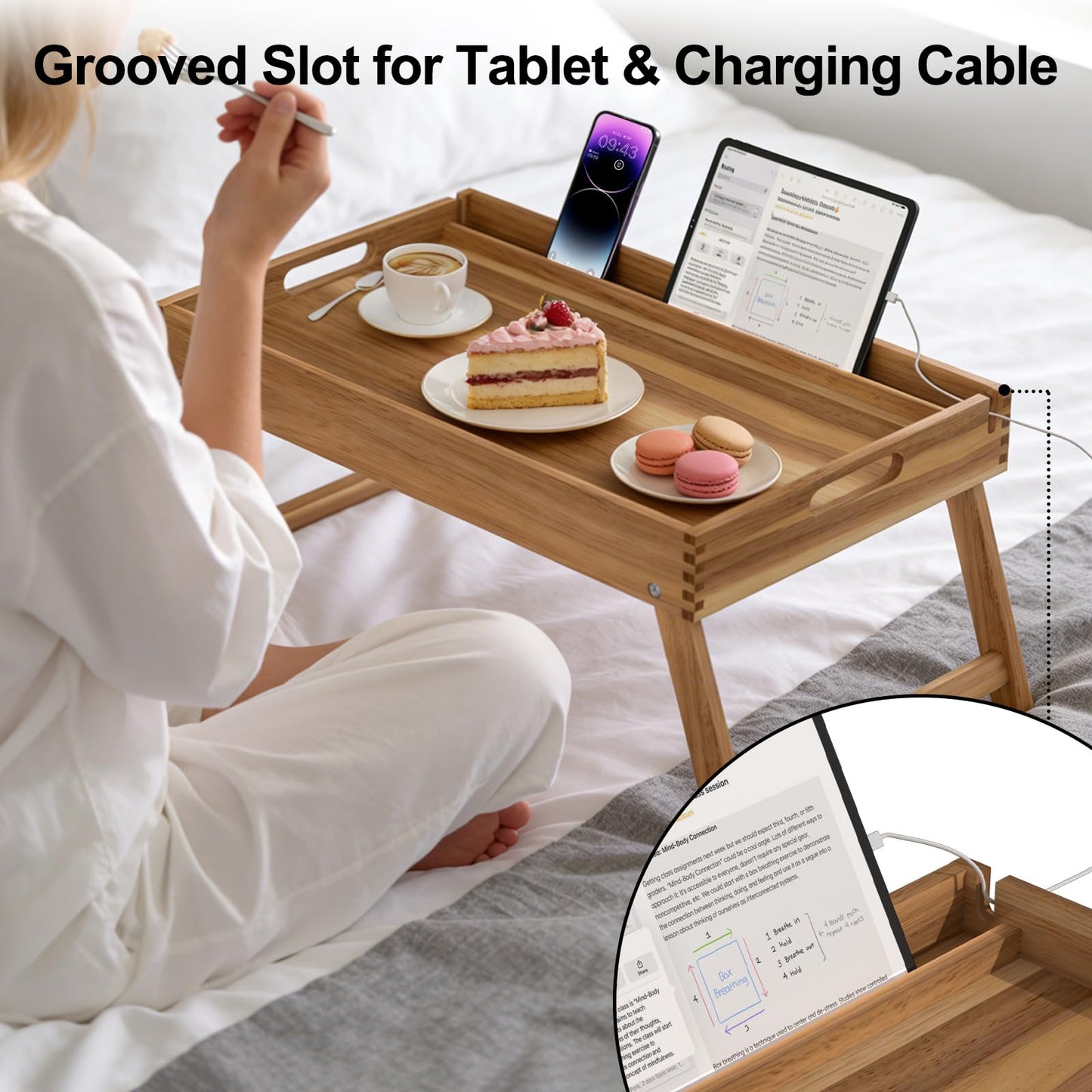 22"x14" Acacia Wood Folding Bed Tray Table, Extra Large Breakfast in Bed Tray with Raised 7.9" Leg Space, Foldable Legs, Tablet & Phone Slots, Cable Grooves, Food Tray for Bed