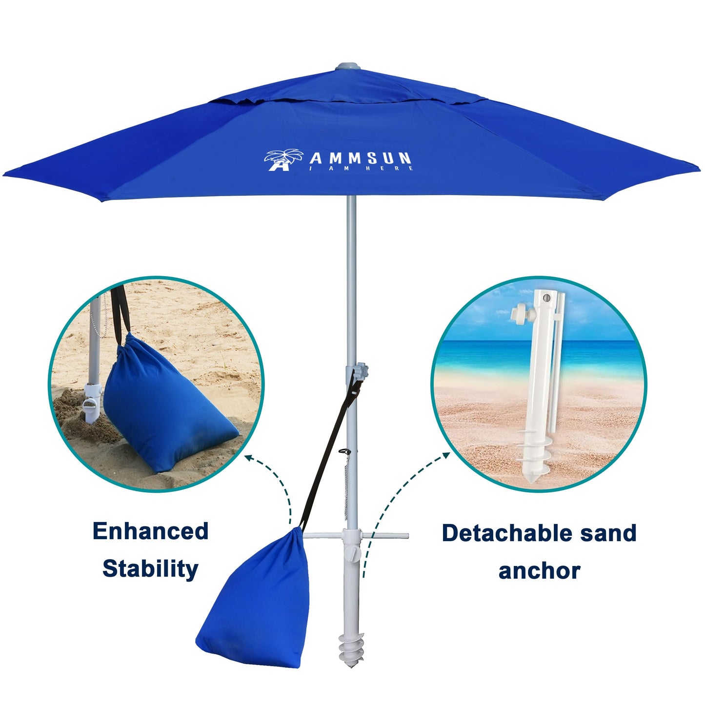 AMMSUN 8ft Large Beach Umbrellas for Sand Heavy Huty Wind Portable Commercial Grade Patio Beach Umbrella with Sand Anchor Adjustable Height Air Vent UPF 50+ Telescoping Pole without tilt Dark Blue