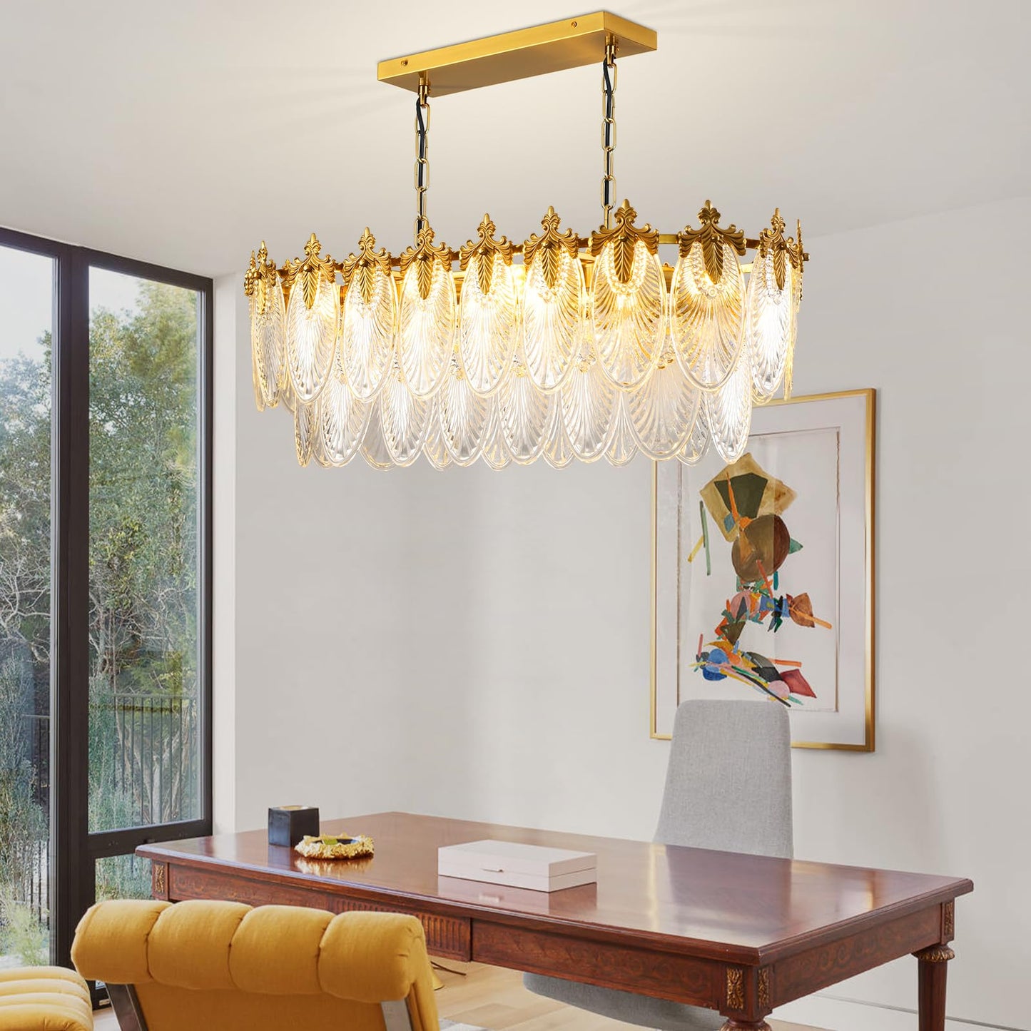 KELUOLY Rectangular Crystal Glass Dining Room Chandelier, 8 Light Gold Chandeliers Lighting Fixture, L33.5'' Height Adjustable Oval Ceiling Pendant Light for Office Coffee Over Table Kitchen Island