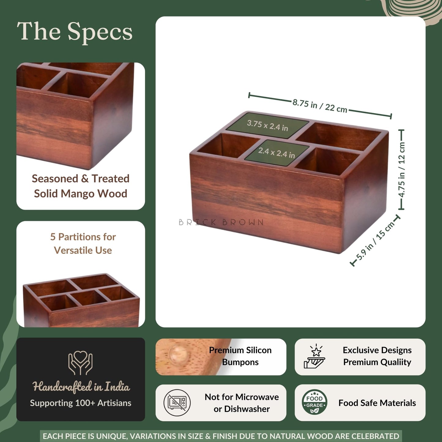 Brick Brown Premium Handcrafted Wooden Spoon stand for kitchen | cutlery holder for dining table | wooden caddy storage organiser stand with 5 section Mahogany Finish(8.75x6x4.5 inch)