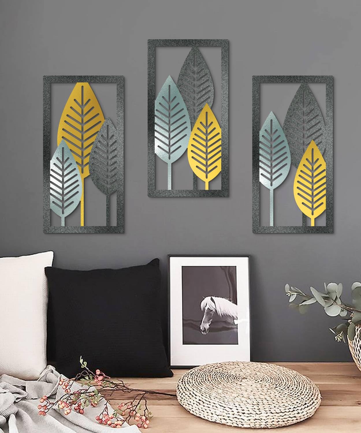 Putuo Decor Leaf Boho Wall Art Set of 3, Botanical Mid Century Nature Wall Decor, Modern Tree Hanging Art for Living Room Bedroom