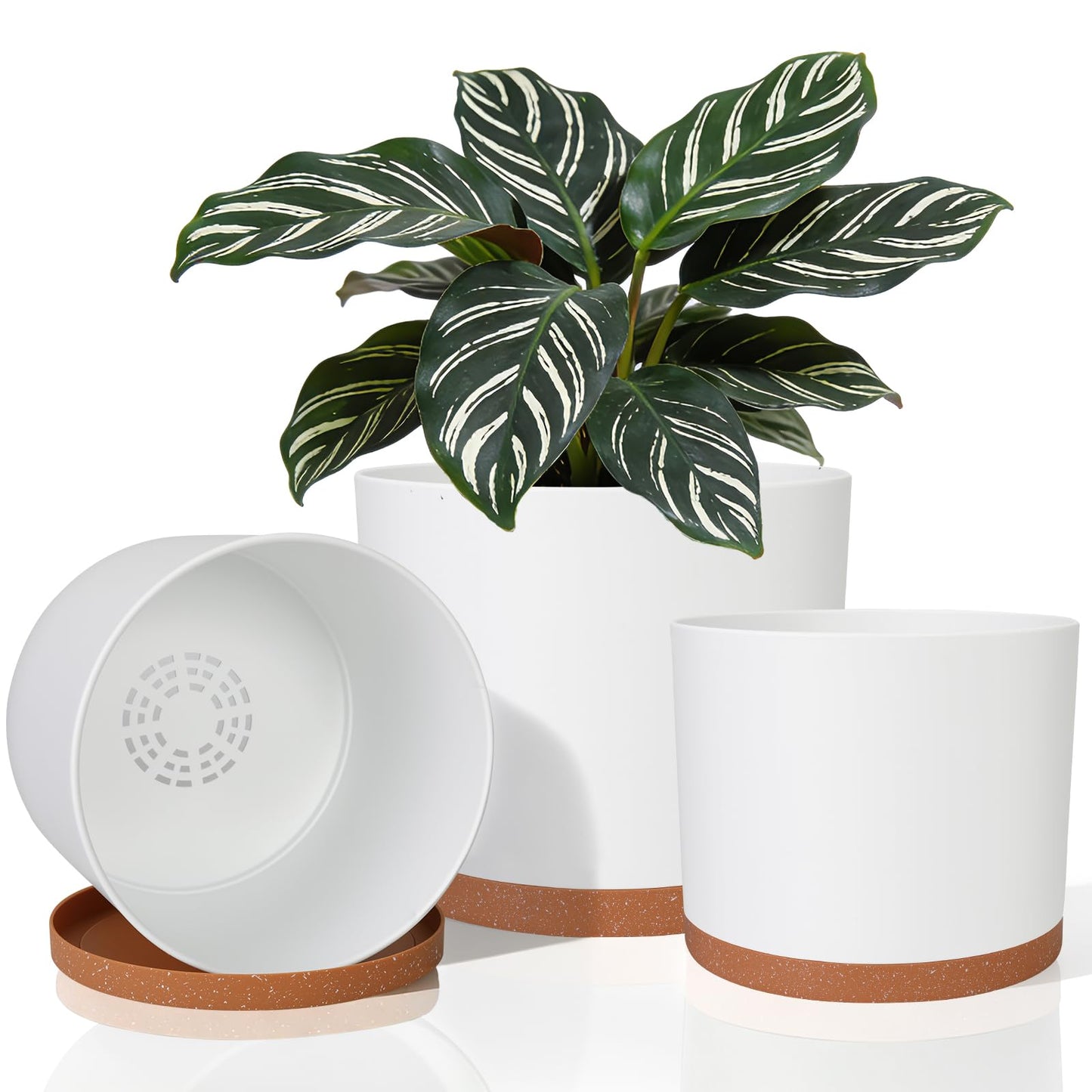 GARDIFE 10/9/8 Inch Modern Cylinder Planter, Plant Pots for Indoor Outdoor Plants, Flower Pots with Drainage Holes and Saucers for Garden Succulent Nursery House Plants (White-Brown)