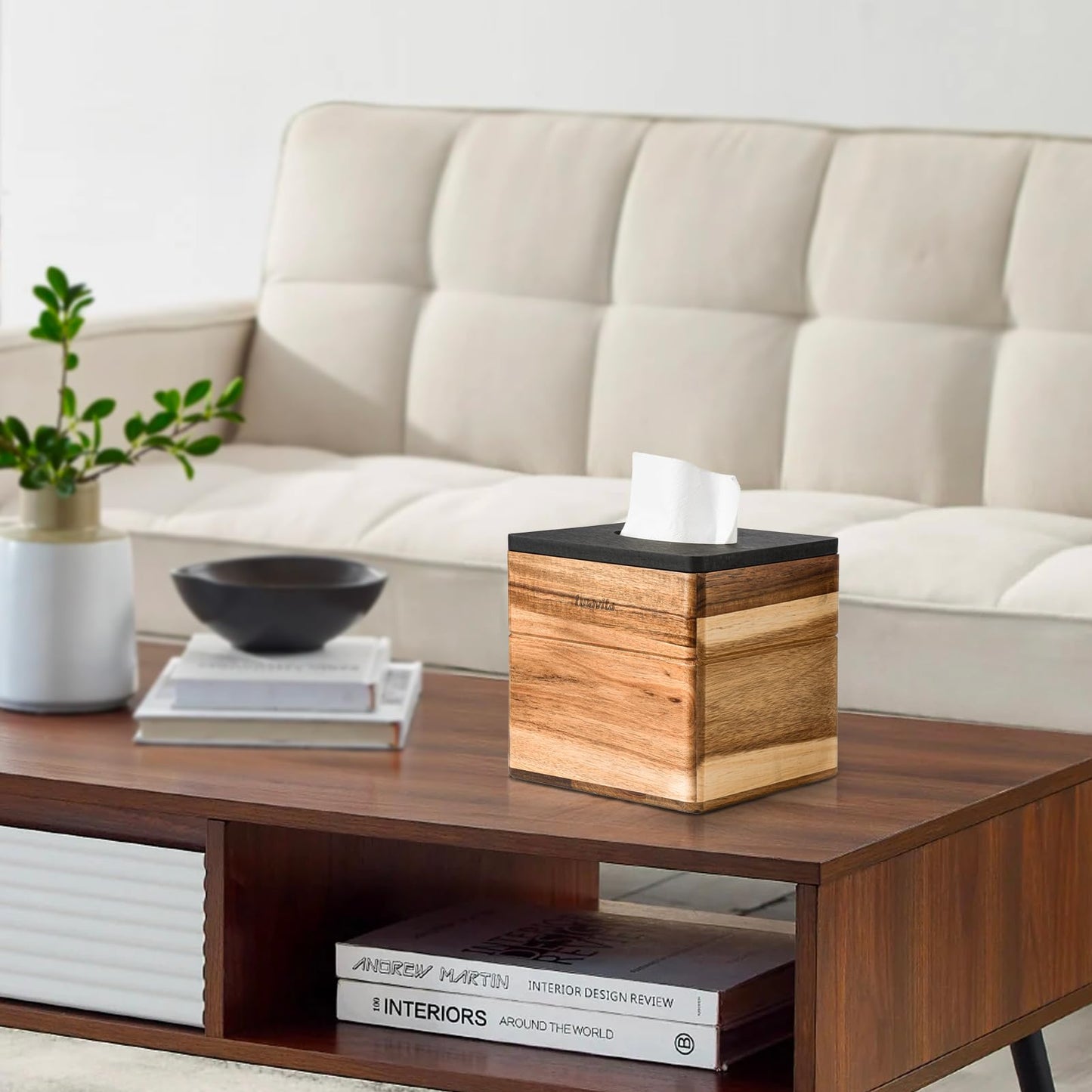 Tissue Box Cover Square, Acacia Wood Tissue Box Holder for Bathroom Bedroom Dinner Table Office, Modern Farmhouse Style Cube Tissue Box