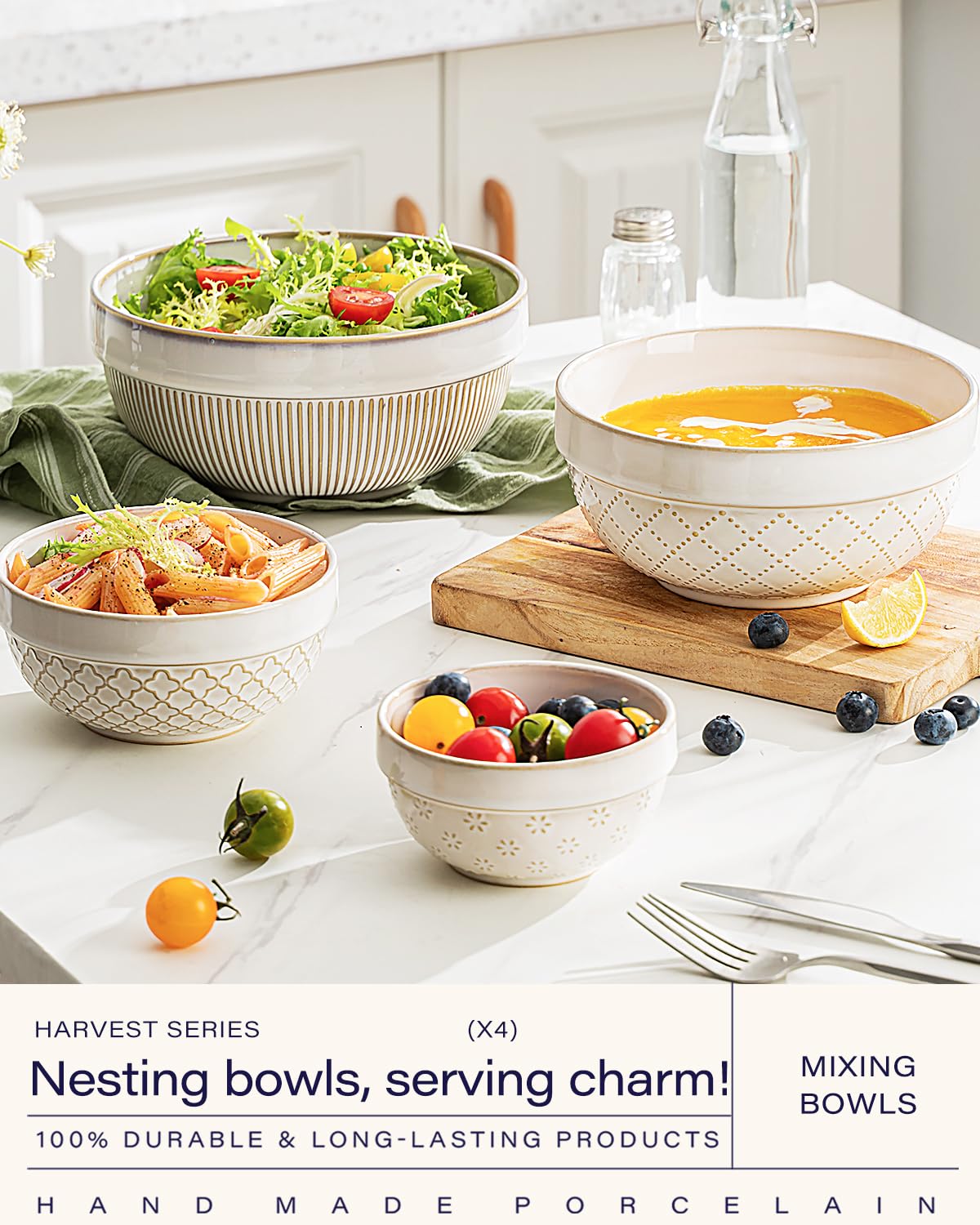 getstar Large Serving Bowls Set of 4, 12/26/42/64 oz Ceramic Stoneware Nesting Bowls Set, Microwave and Dishwasher Safe, Farmhouse Kitchen Versatile Prep Bowls for Fruit Salad Pasta Dessert Cereal
