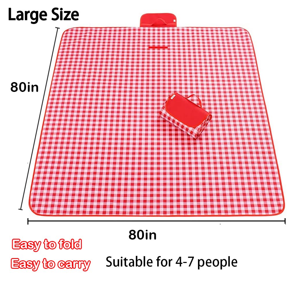 LRUUIDDE Oversize Picnic Beach Blanket, 80''x80'' Outdoor Waterproof Foldable Sandproof Blankets Plaid Picnic Mat for Beach Camping on Grass Picnic Blankets (RED, 80x80in)