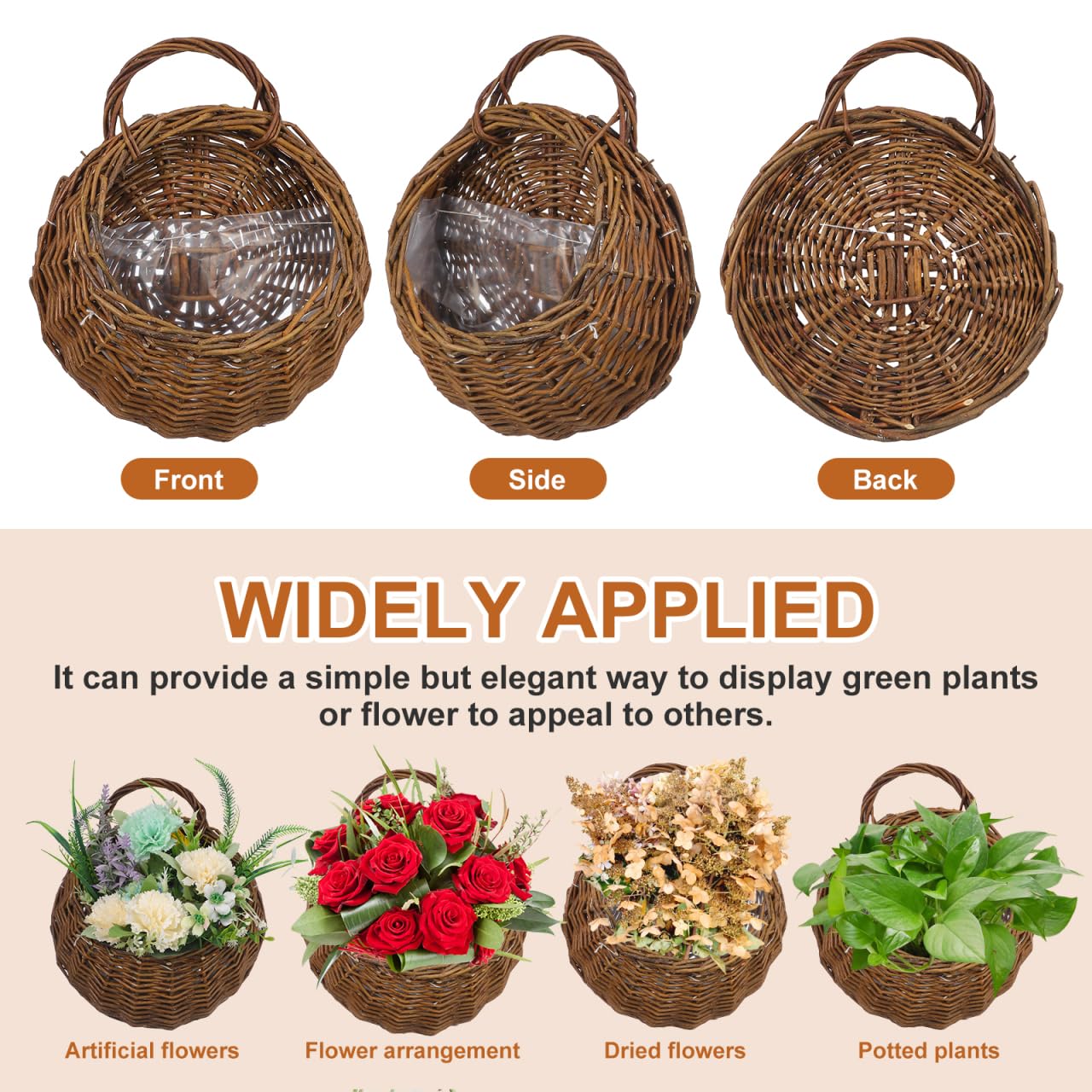 Yardwe 2Pcs Woven Wall Hanging Flower Baskets, Rattan Hanging Planters for Indoor Plants, Rustic Wall Decor Storage Containers, 12.20 X 10.62 X 4.72 Inches