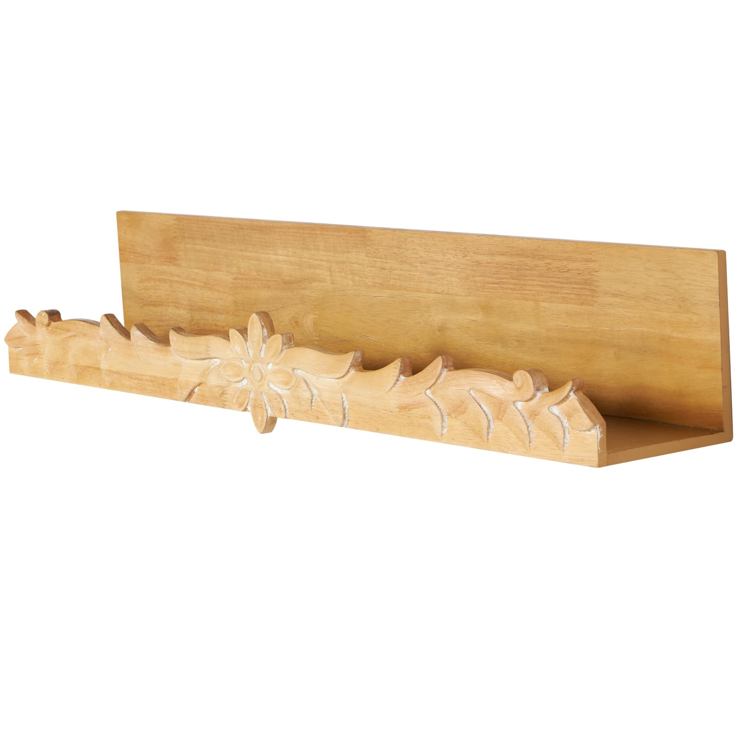 Deco 79 Wooden Floral Wall Shelf with Carved Scroll Lip, 30" x 6" x 6", Light Brown