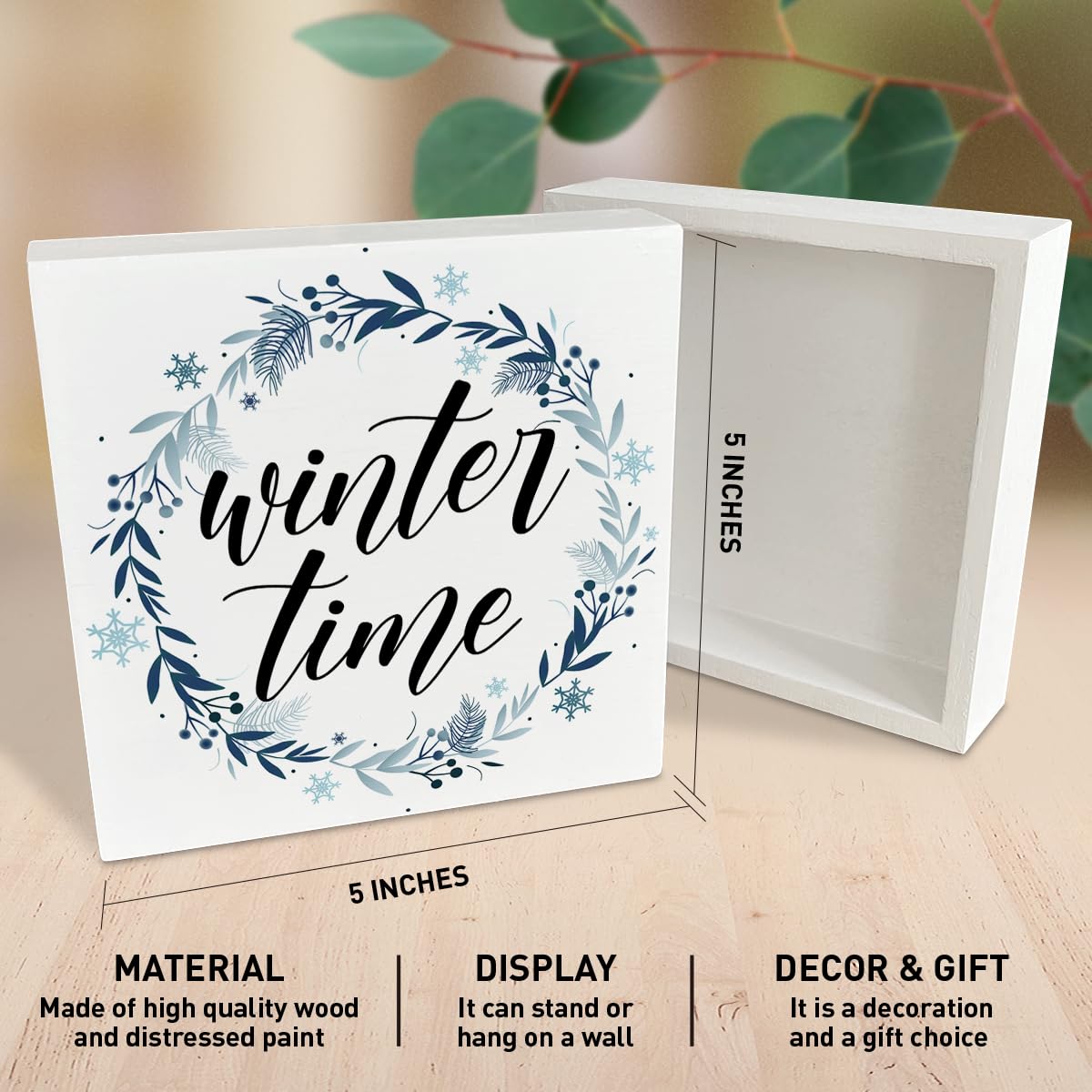 Wooden Box Sign, Snowflake Table Decor, Xmas Decoration for Kitchen, Living Room, Home - Winter Time