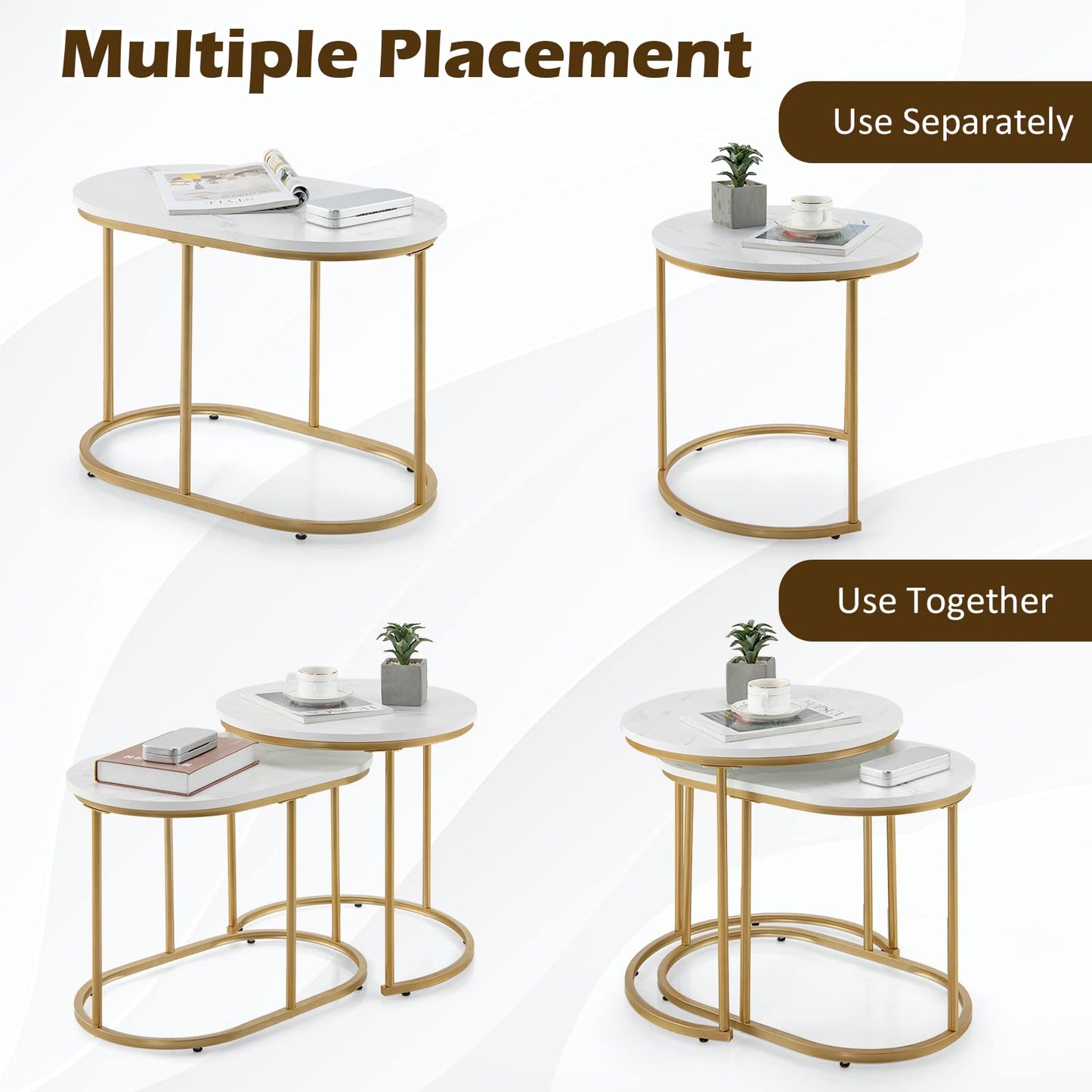 Giantex Modern Nesting Coffee Table Set of 2, Coffee Table & End Table Sets, Golden Steel Frame, Easy Assembly, Accent Marble-Look Stacking Side Table for Living Room Bedroom Apartment (Gold)