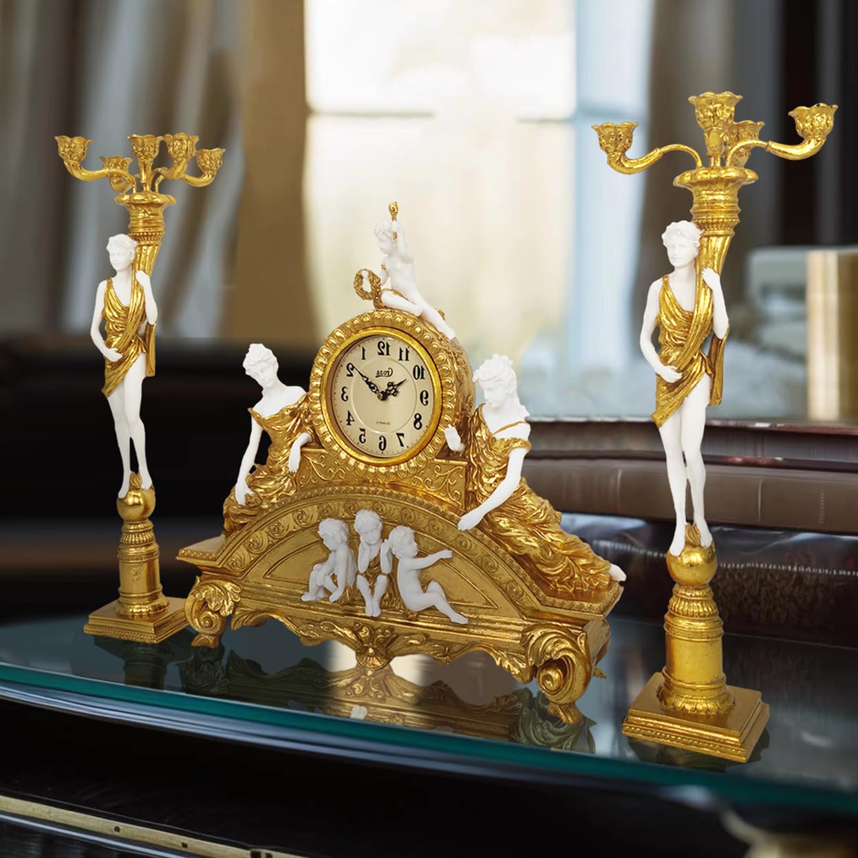 GENUINQ Clock Ornate Rococo Style Mantel Clock with Candelabras Candle Holders Gold for Home Decor