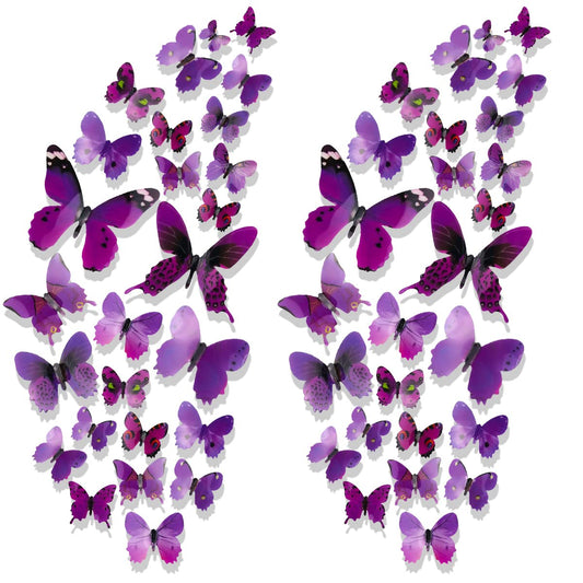 60Pcs 3D Butterfly Wall Decals Purple Butterflies Wall Decor 3 Sizes Waterproof Butterfly Wall Stickers for Home Office Living Room Bedroom Birthday Party Decoration