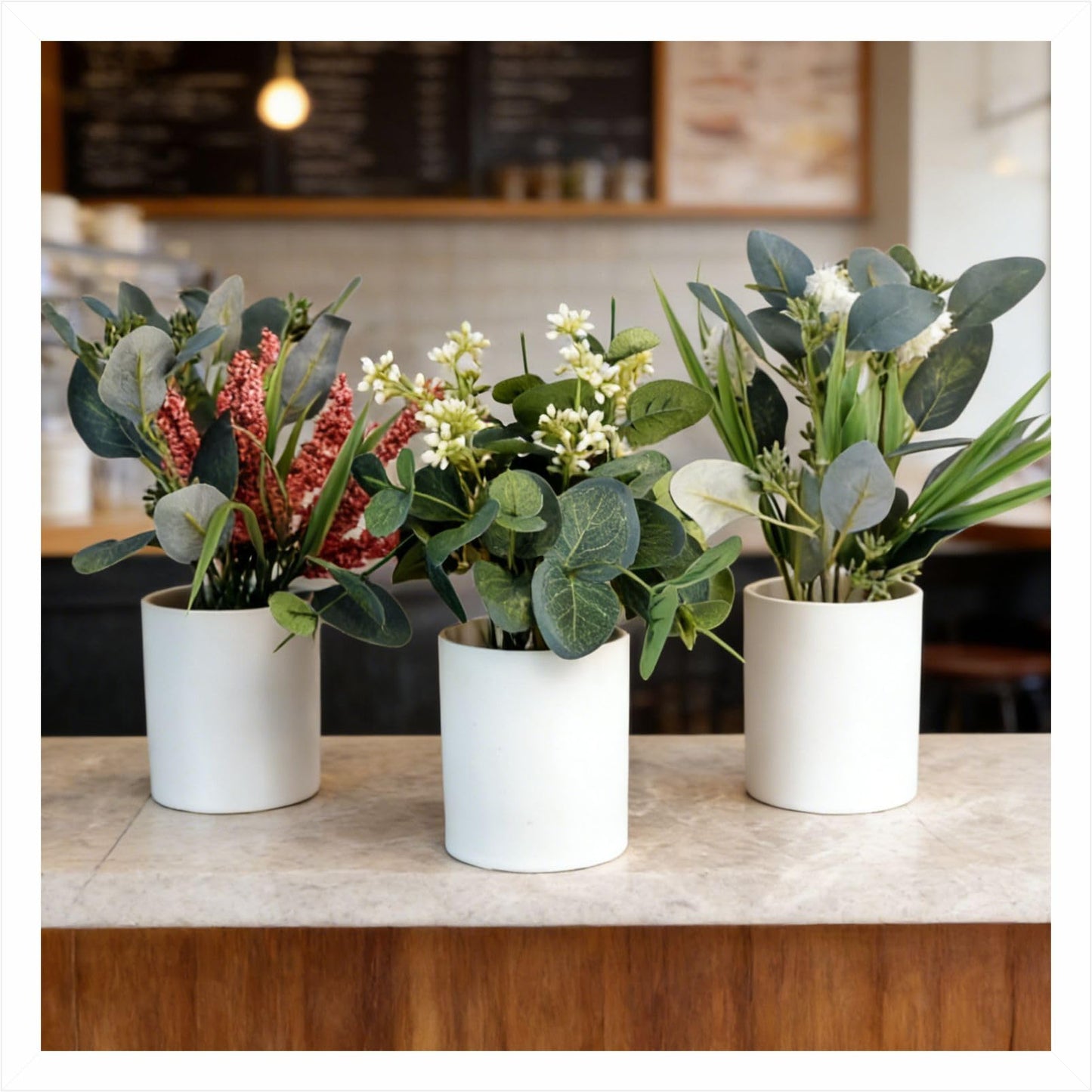 VINSUNI Artificial Plants with White Ceramic Vase, Eucalyptus Leaves and Pink Berry Stems, 3-Pack Fake Flowers for Bathroom Coffee Table Centerpieces