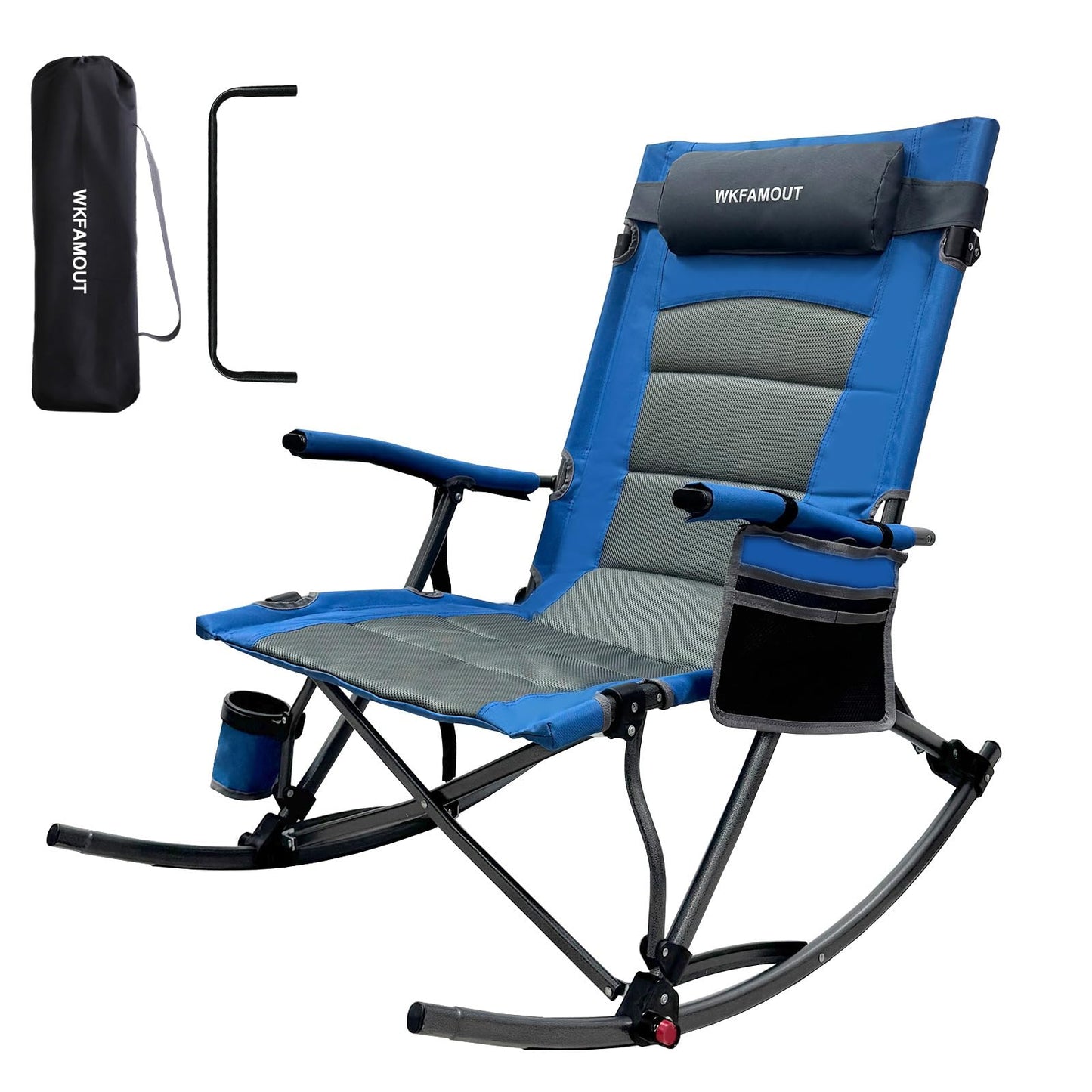 WKFAMOUT 13.8" High Seat Rocking Camping Chair Outdoor with Foot Rest & Headrest, Oversized Folding Rocker Chair with Carry Bag for Lawn Patio Supports 300 lbs
