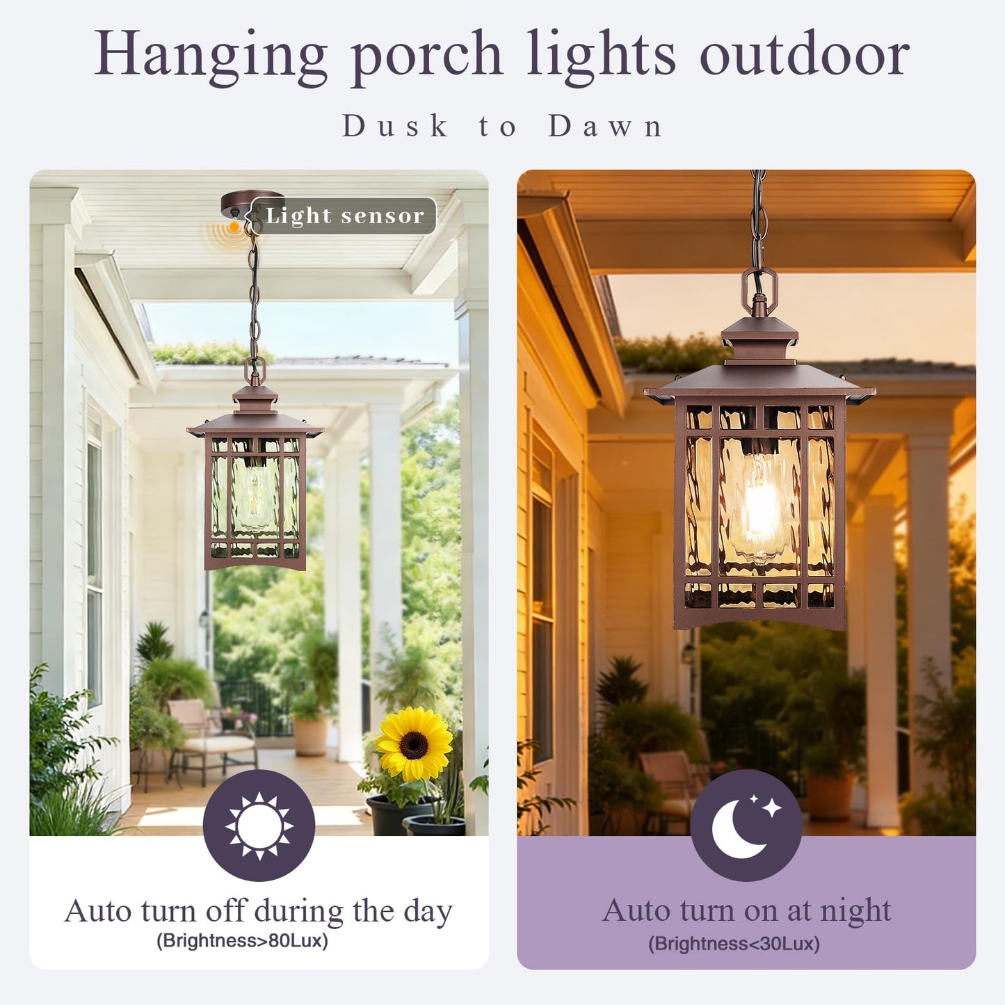 Dusk to Dawn Outdoor Pendant Light, 15 Inch Large Square ORB Oil Rubbed Bronze Exterior Hanging Lantern, Waterproof Anti-Rust Aluminum Outdoor Light with Water Ripple Glass for Porch Patio Entryway