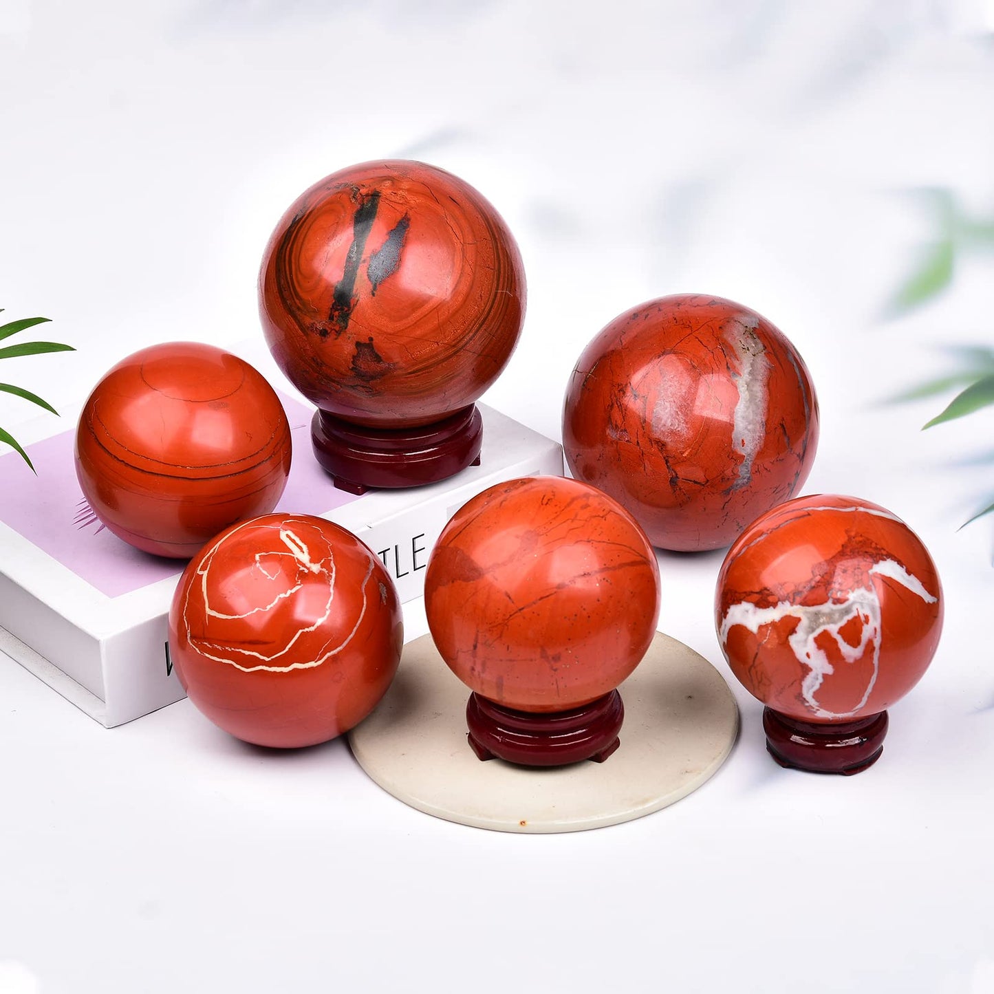 JIC Gem Red Jasper Crystal Sphere Ball Natural Quartz Crystal Sphere Ball with Wooden Stand (50-60mm)