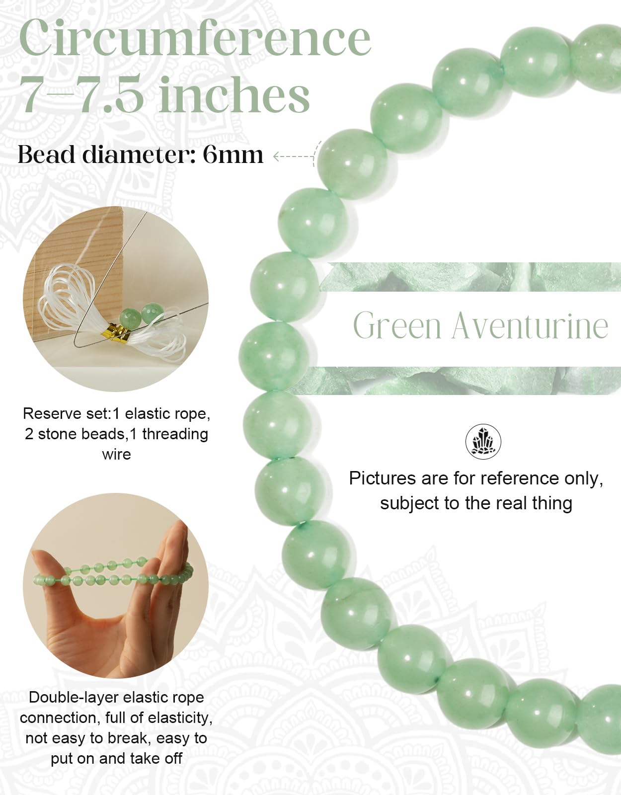 Landorilo Beaded Bracelet for Men Women, 6mm Natural Stone Green Aventurine Healing Crystal Stretch Bracelets, Ideal Christmas Birthday Jewelry Gifts with Energy Card，Replacement Beads Included