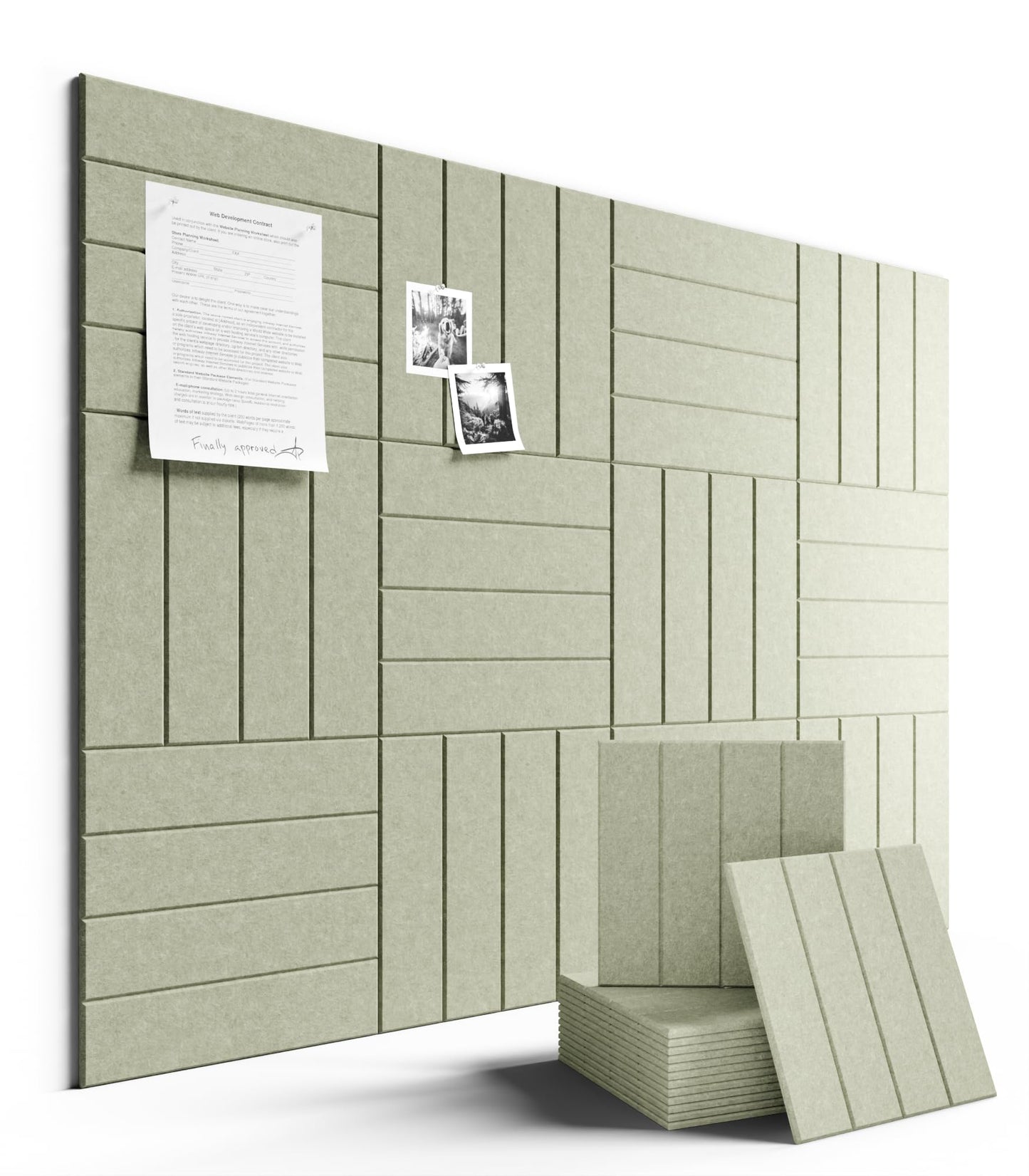 Fluxynara Felt Bulletin Board Tiles Large 48" x 36" Cork Board Alternative-12 Pack with 70 Adhesive Tabs, Thick Slat Wall Panels for Office Decor, Push Pin Board Wall Organizer Alternative-Sage Green