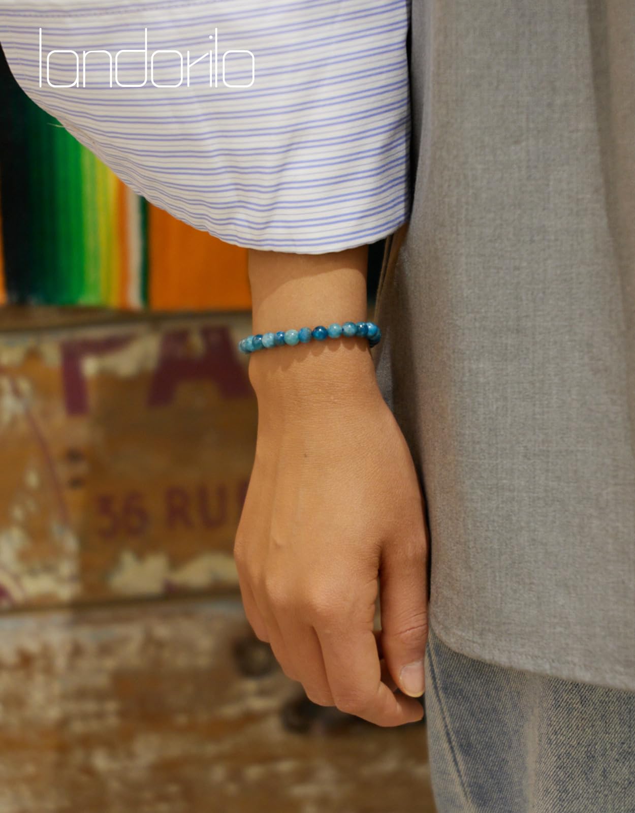 Landorilo Beaded Bracelet for Men Women, 6mm Natural Stone Apatite Healing Crystal Stretch Bracelets, Ideal Christmas Birthday Jewelry Gifts with Energy Card，Replacement Beads Included
