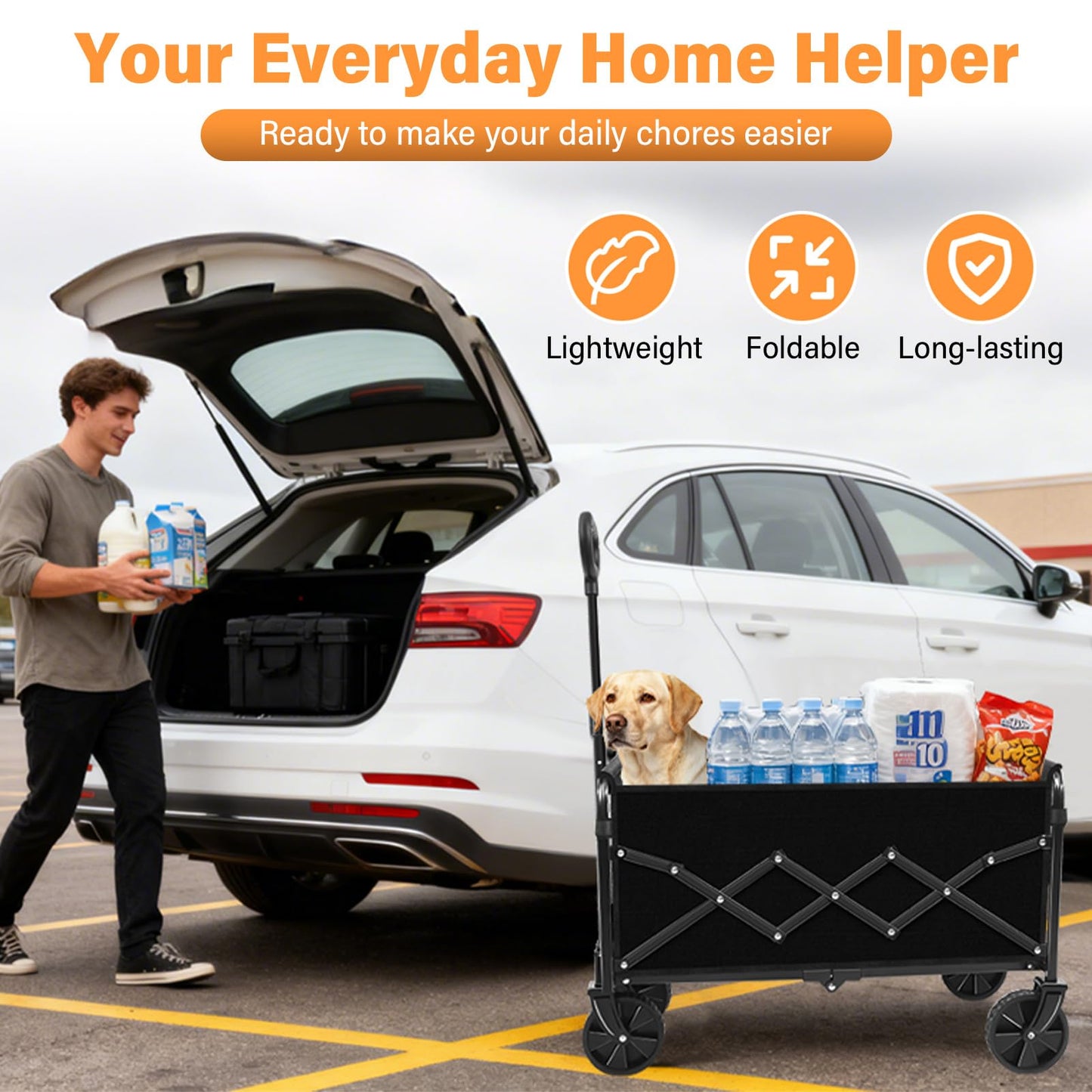 Wagons Carts Foldable, Collapsible Wagon with Wheels — Durable Folding Utility Pull Wagon Cart for Groceries, Picnic & Pets, Park Trips & Small Hauls, 280 lbs Heavy Duty Capacity,Graphite Black
