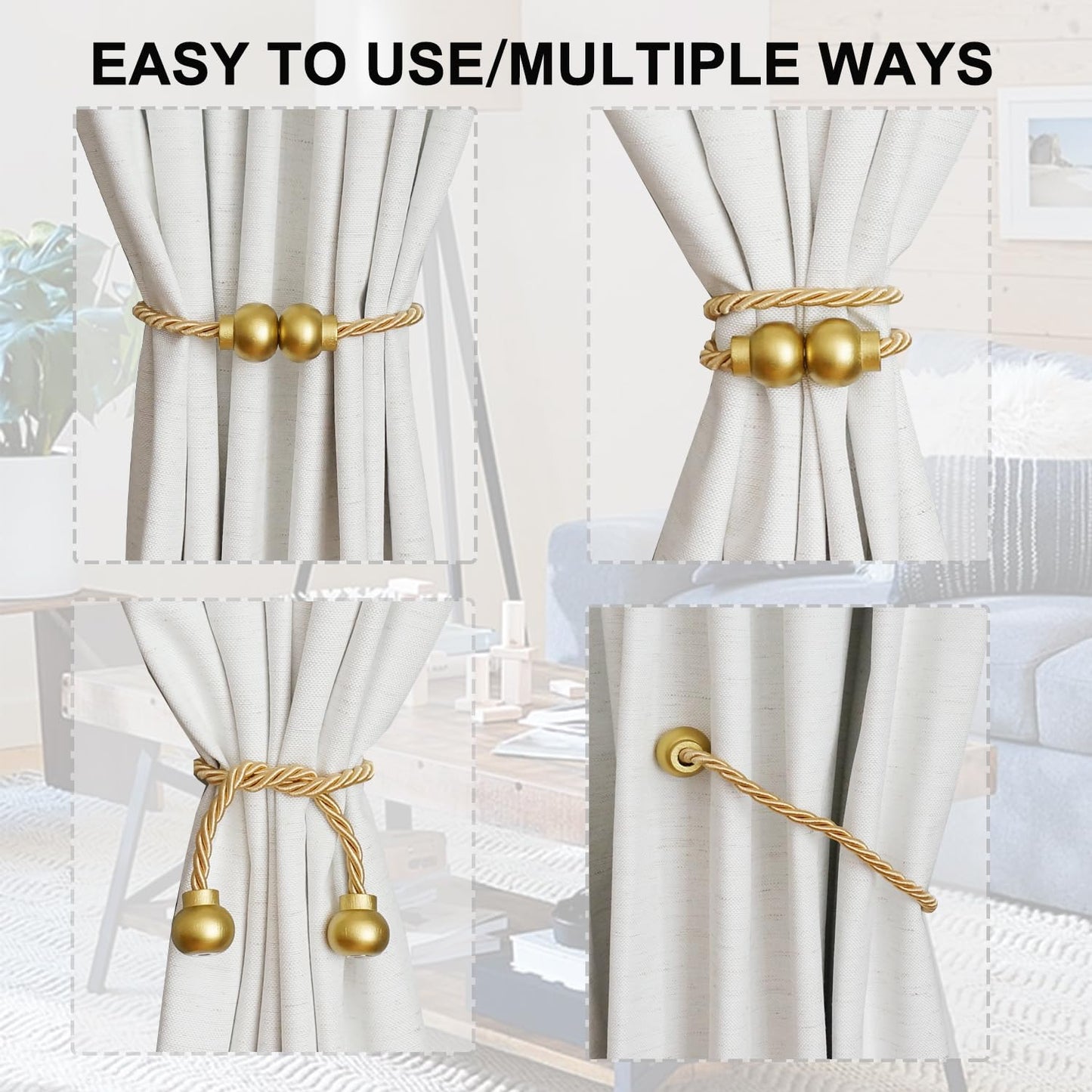 HIASTRA 2 Pack Magnetic Curtain Tiebacks Modern Handmade Rope Curtain Tie Backs Decorative Drapes Weave Holdbacks for Home Outdoor Bedroom Office Decorative Curtain, Gold